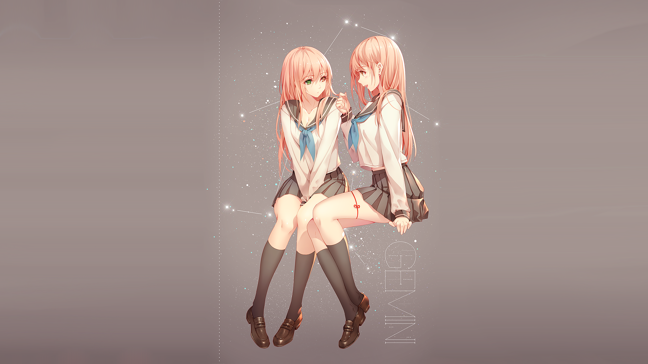 Anime girls in school uniforms with Gemini constellation HD Wallpaper