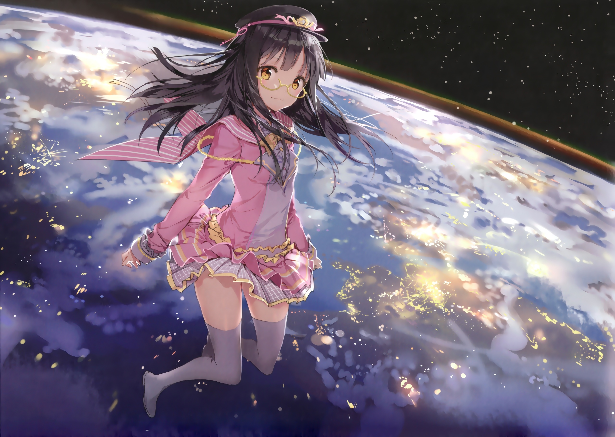 Girl in Pink Outfit Floating Above Earth HD Wallpaper