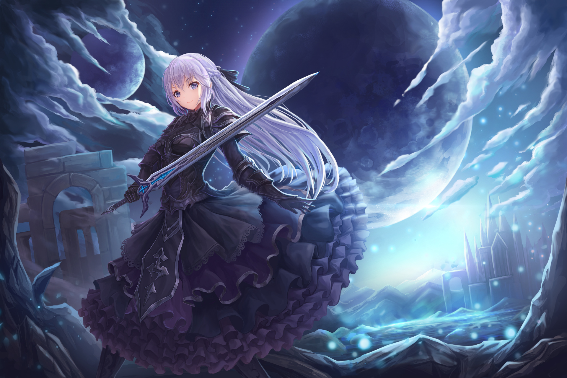 Anime girl with sword and dress in a fantasy landscape HD Wallpaper