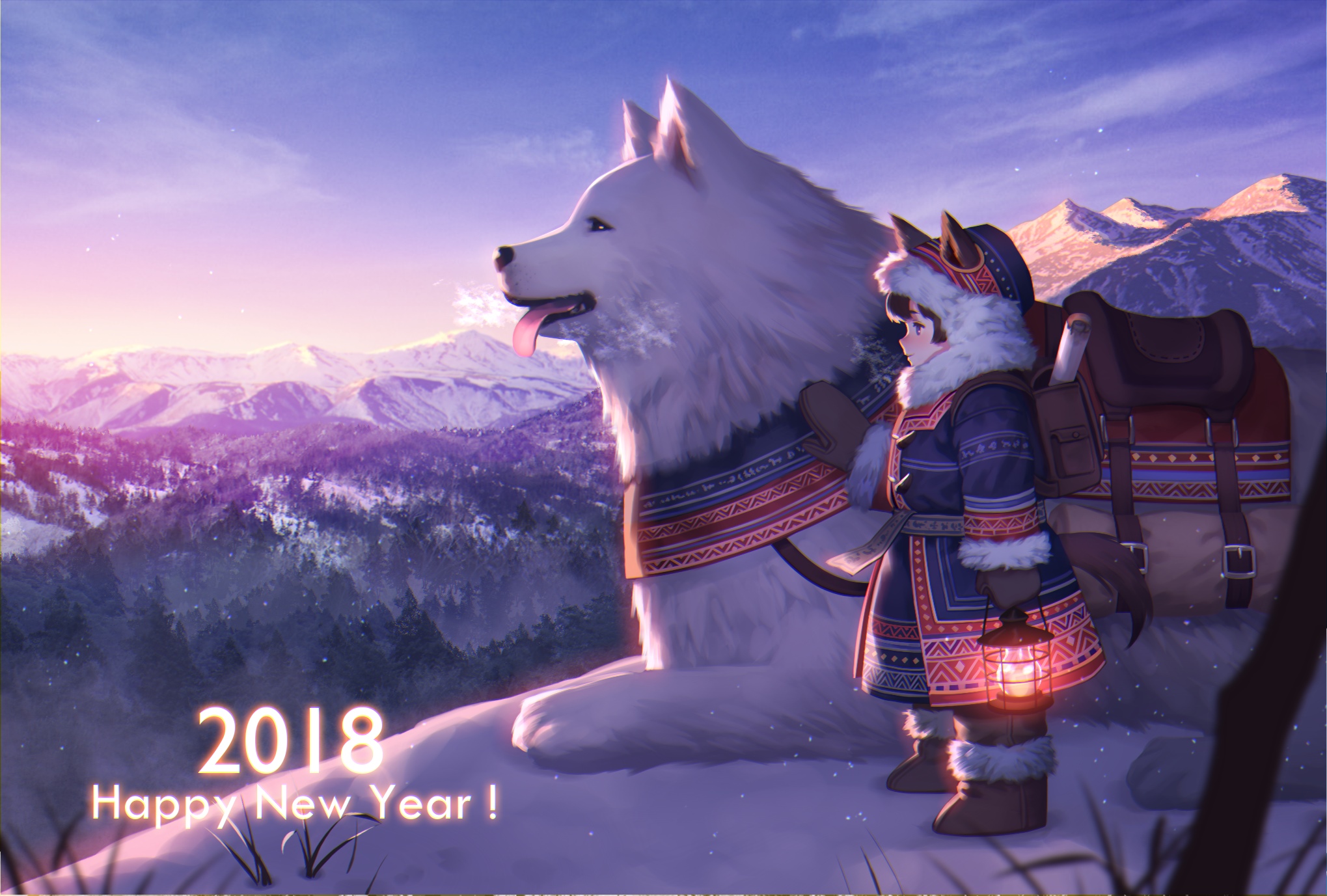 2018 Happy New Year with a girl and a dog HD Wallpaper