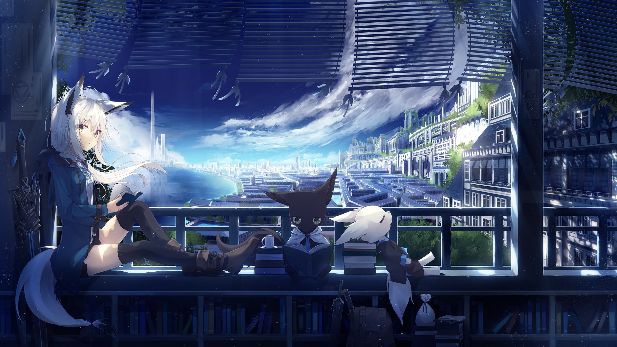 Fox girl and cats reading by the window HD Wallpaper