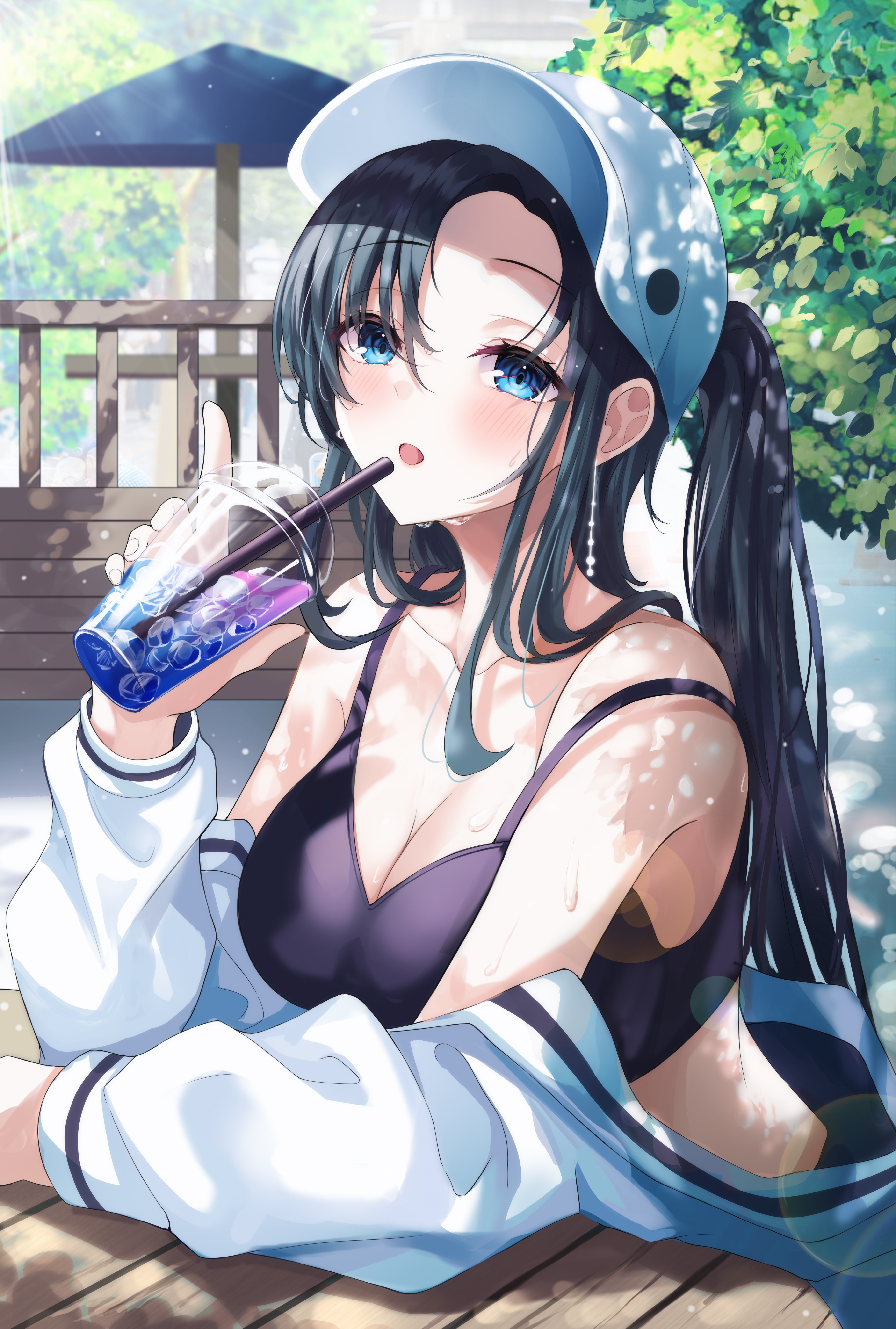 Anime girl in hat drinking a beverage HD Phone Wallpaper