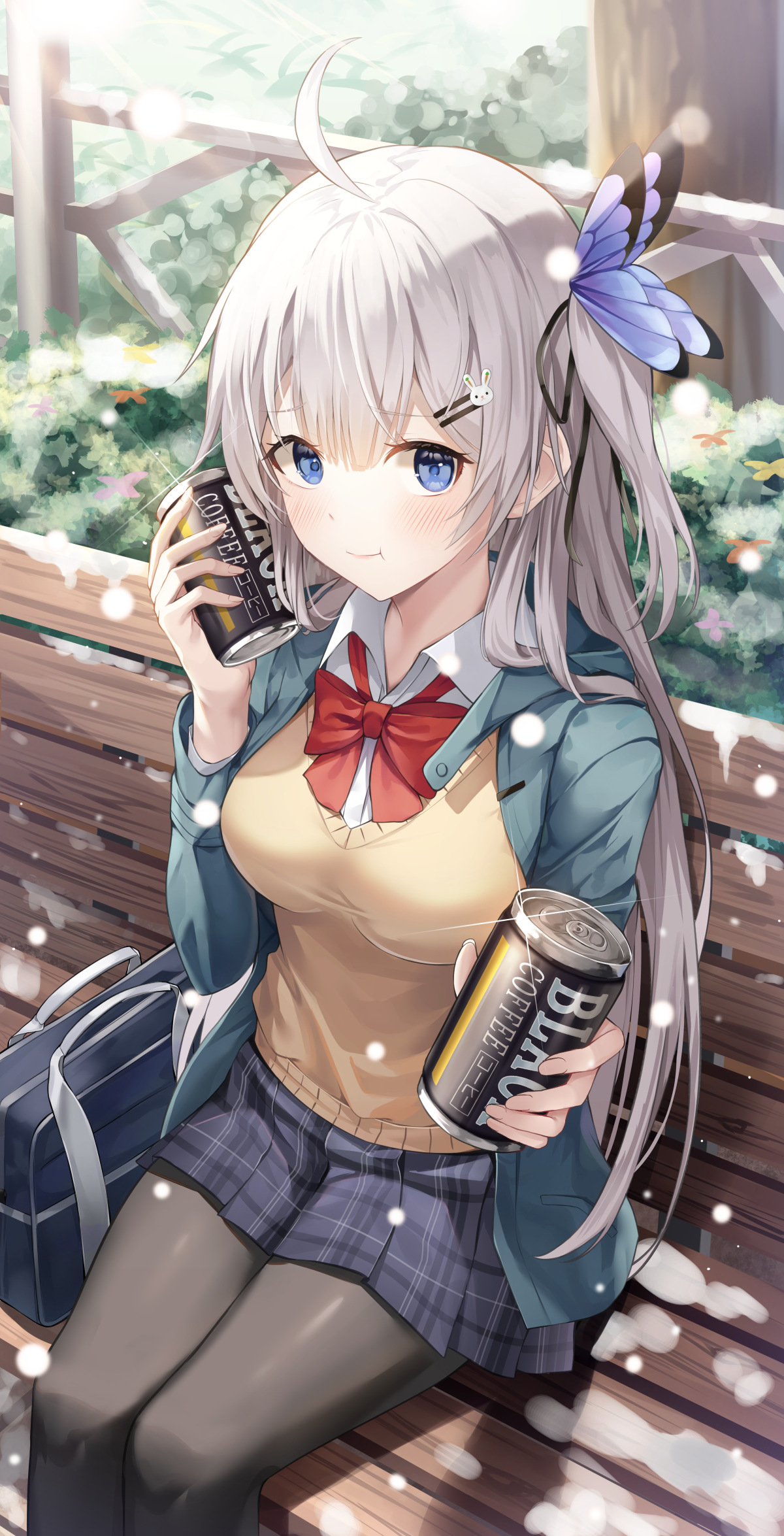 Girl in school uniform holding coffee cans HD Phone Wallpaper