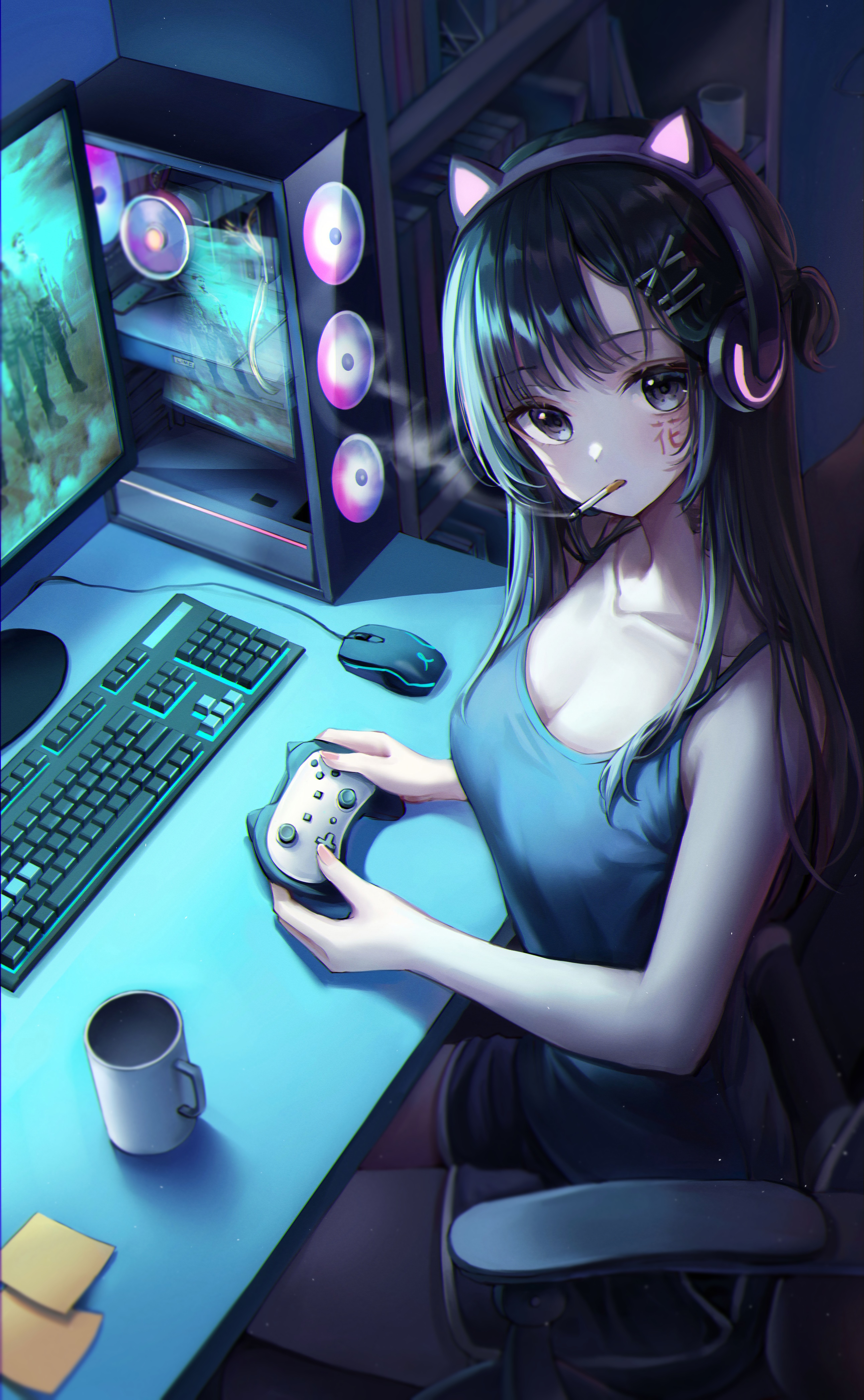 Girl with cat ear headphones playing video games HD Phone Wallpaper