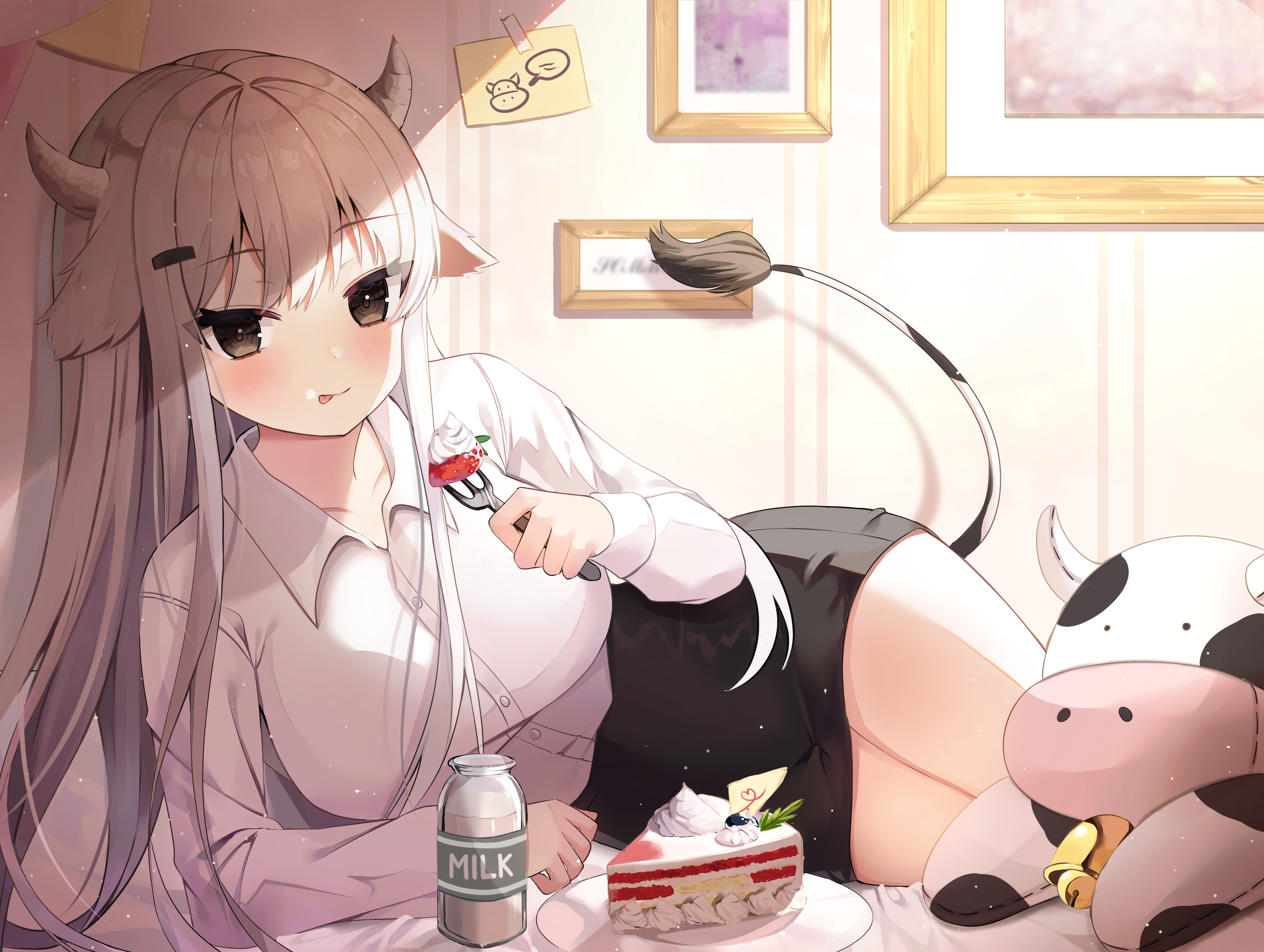 Cow girl eating cake with milk and plush toy HD Wallpaper