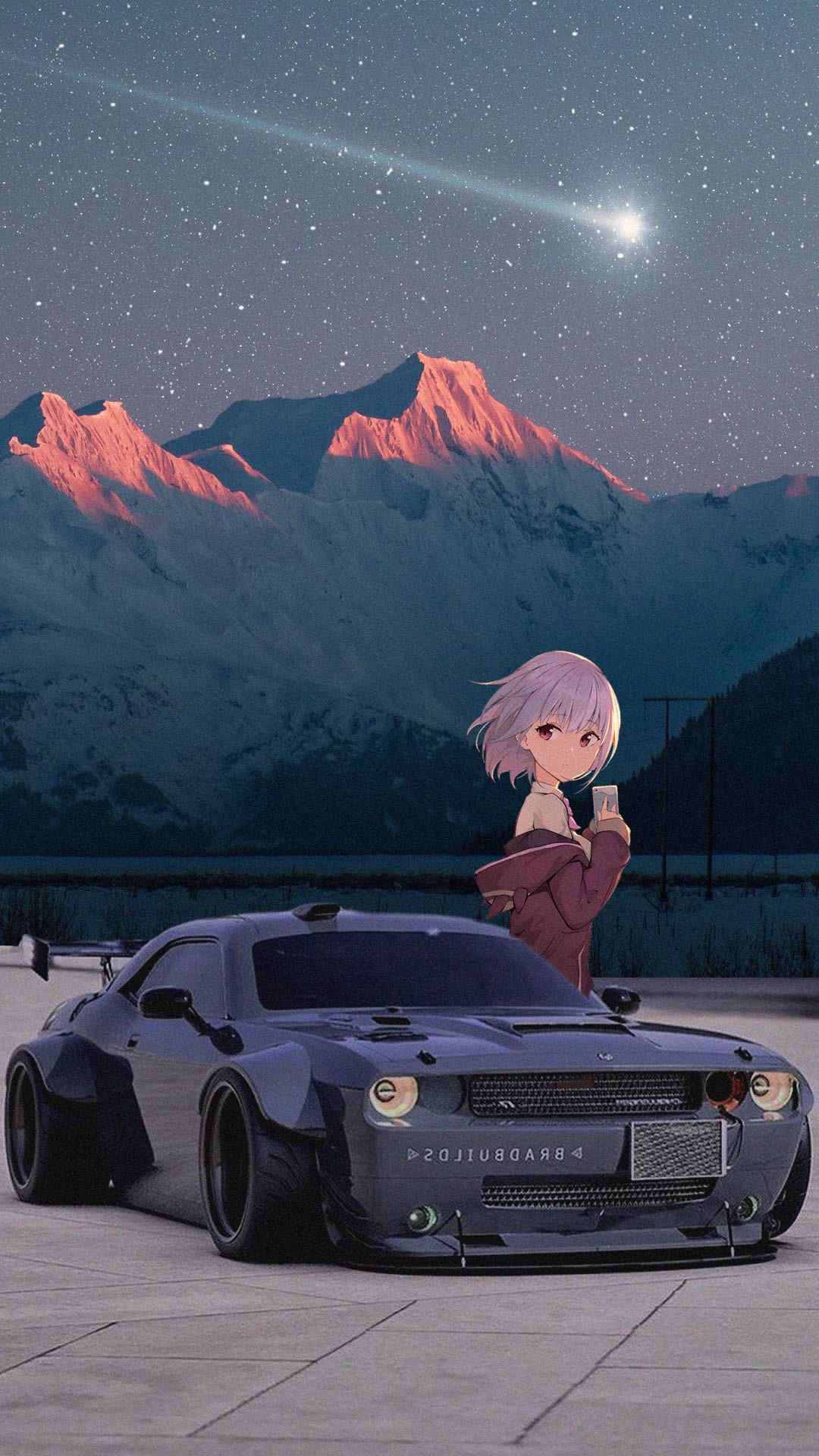 Anime girl with Dodge Challenger under starry mountains HD Phone Wallpaper