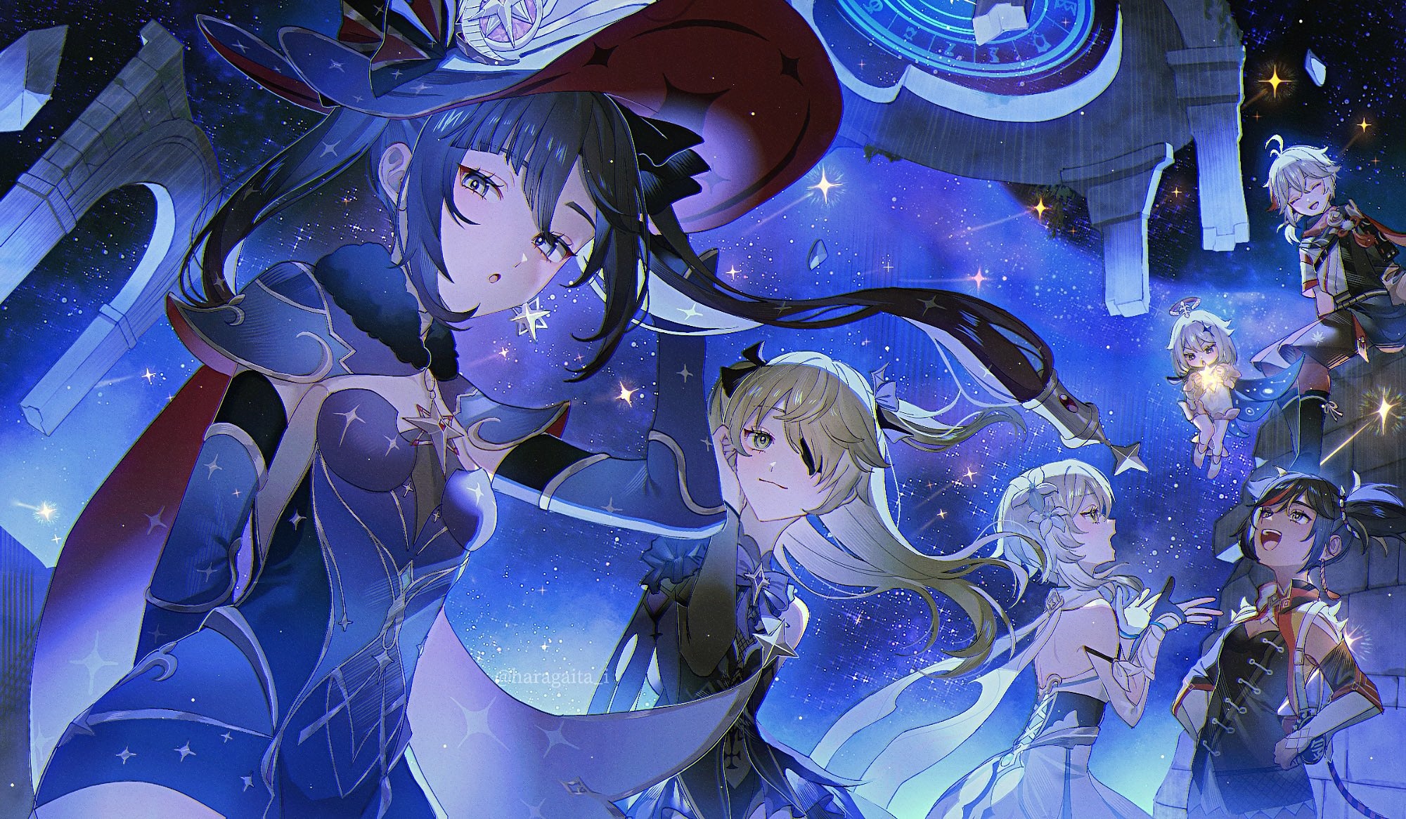 Genshin Impact characters Mona, Lumine, Fischl, Kazuha, Xinyan, and Paimon in starry sky HD Wallpaper