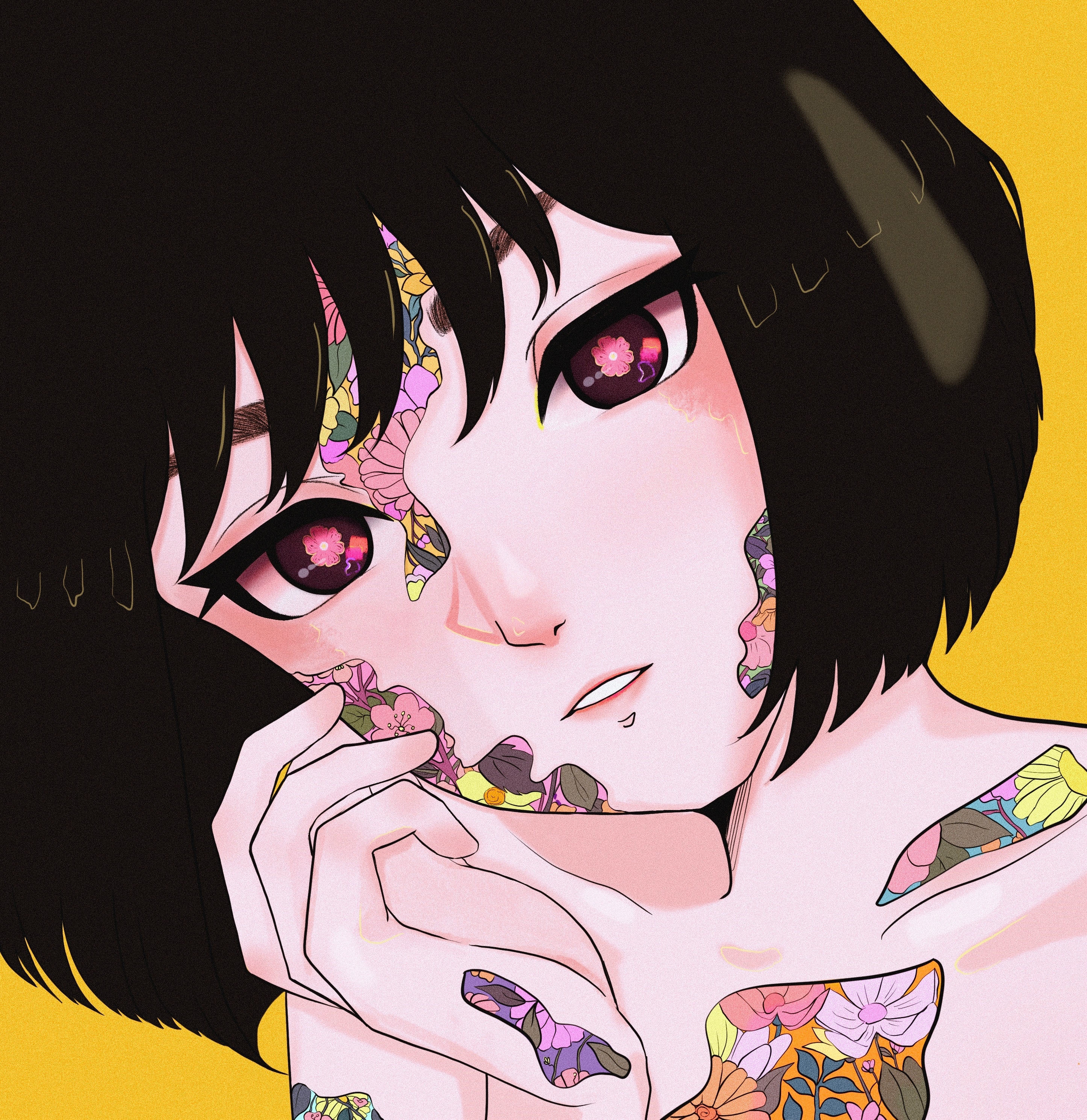 Anime girl with floral patterns on her skin HD Wallpaper