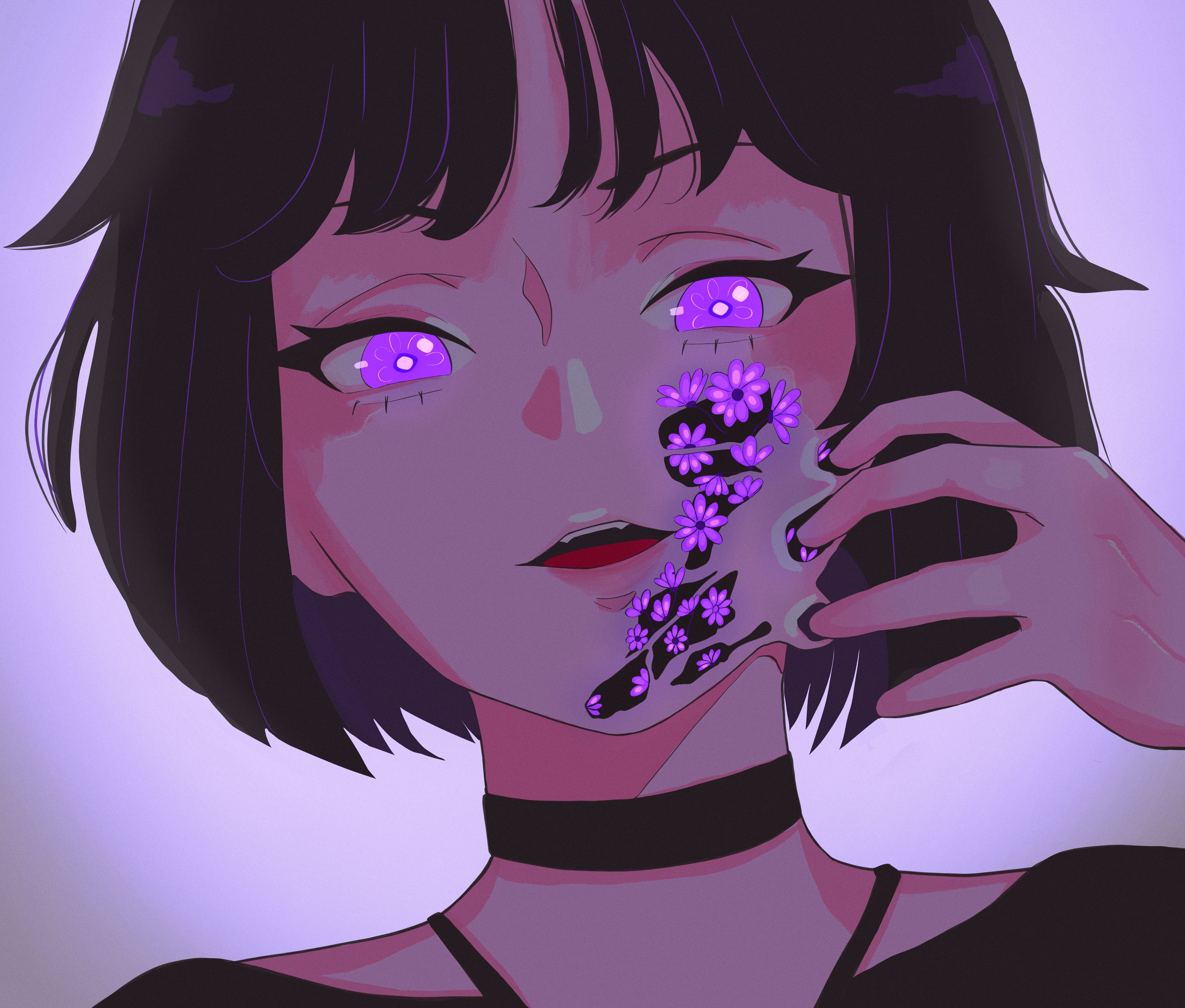 Anime girl with purple eyes and flowers on face HD Wallpaper