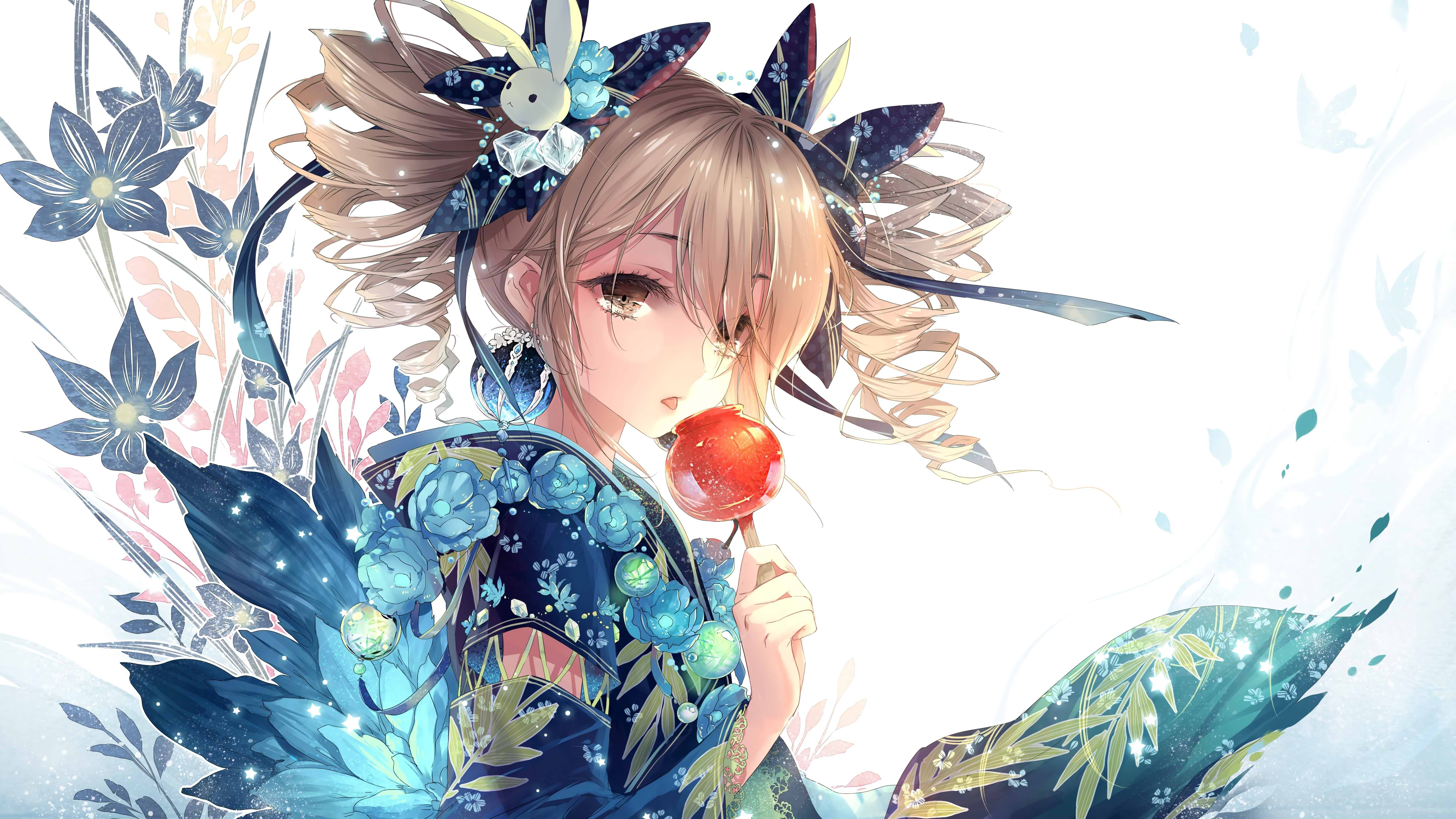 Anime girl with candy apple and flowers HD Wallpaper