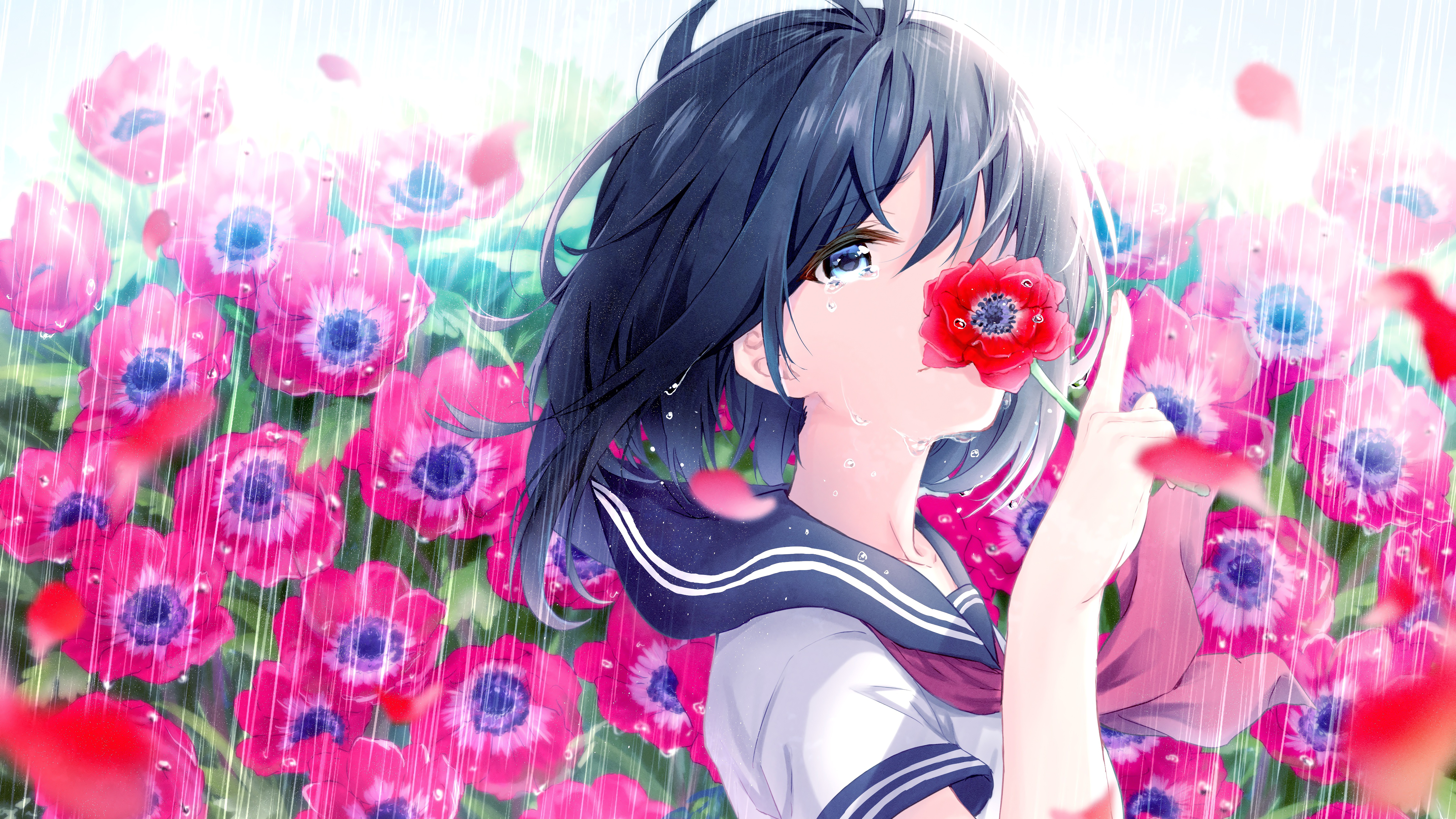 Girl in school uniform with flower in rain HD Wallpaper
