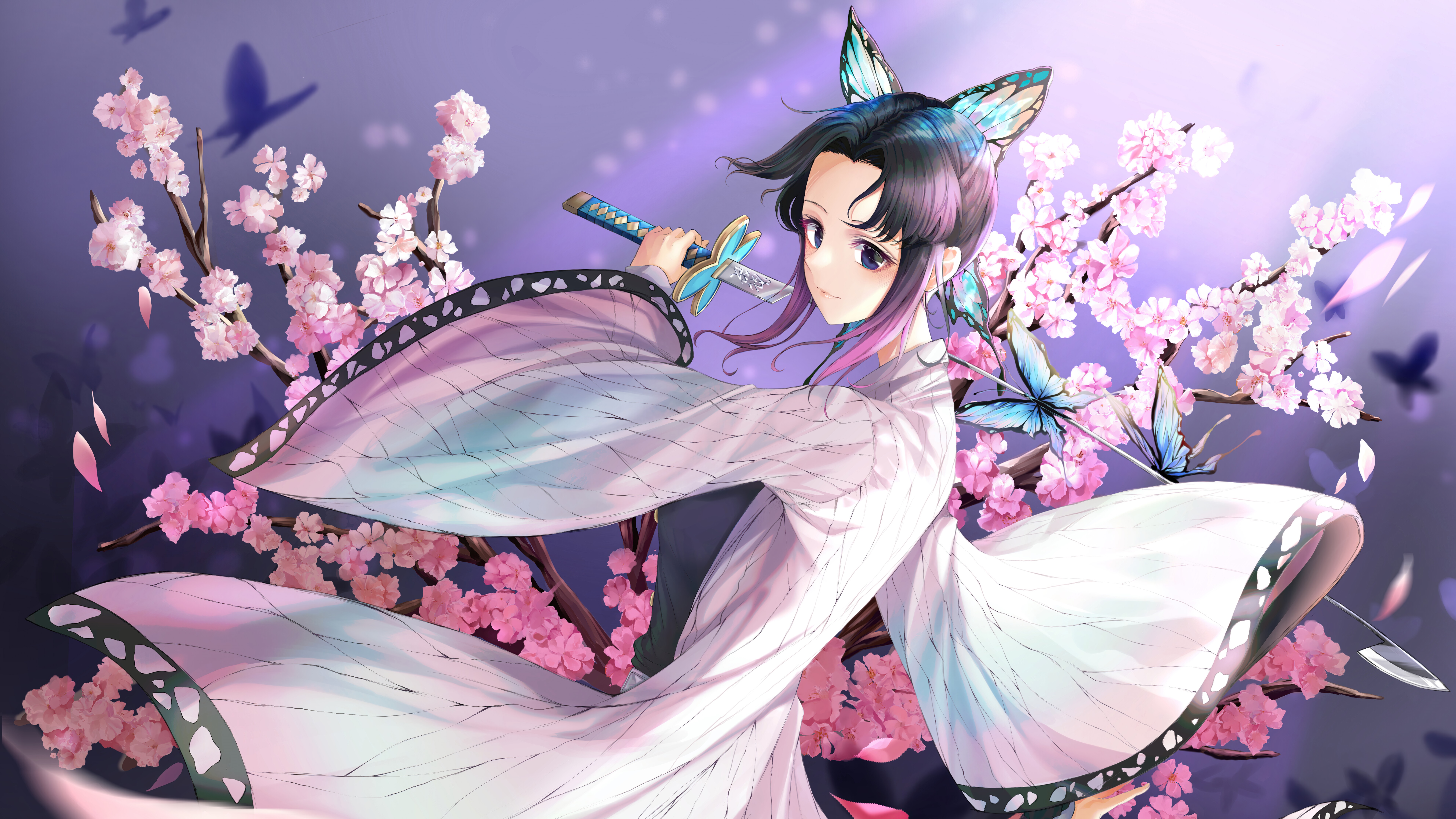 4K Kochou Shinobu with Katana and Cherry Blossoms HD Wallpaper