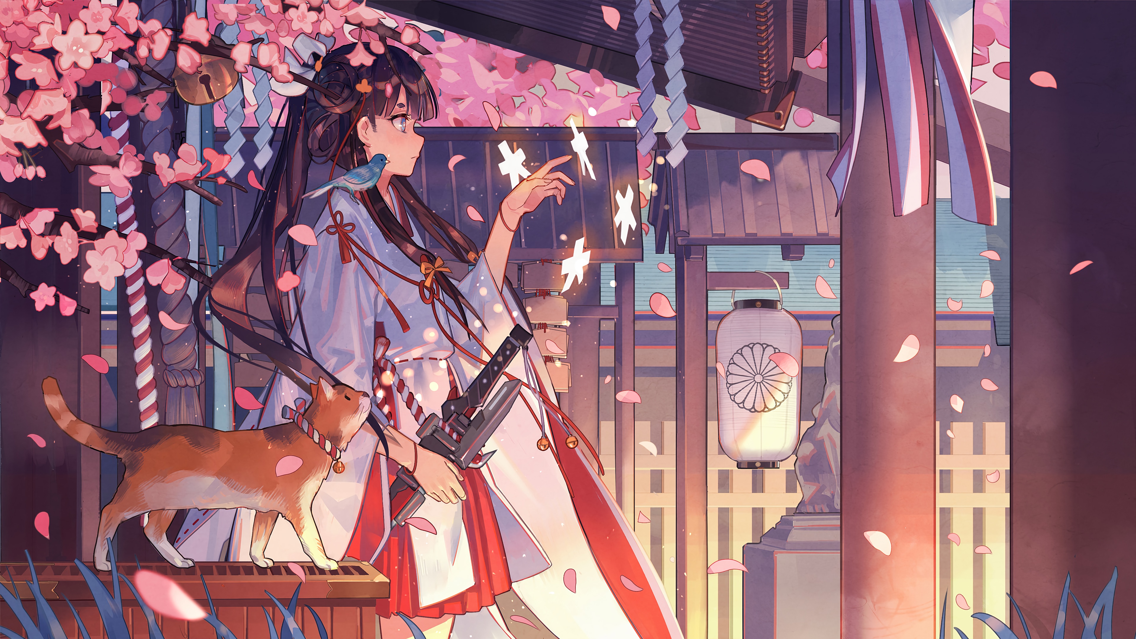 Miko with cat and bird under cherry blossoms HD Wallpaper