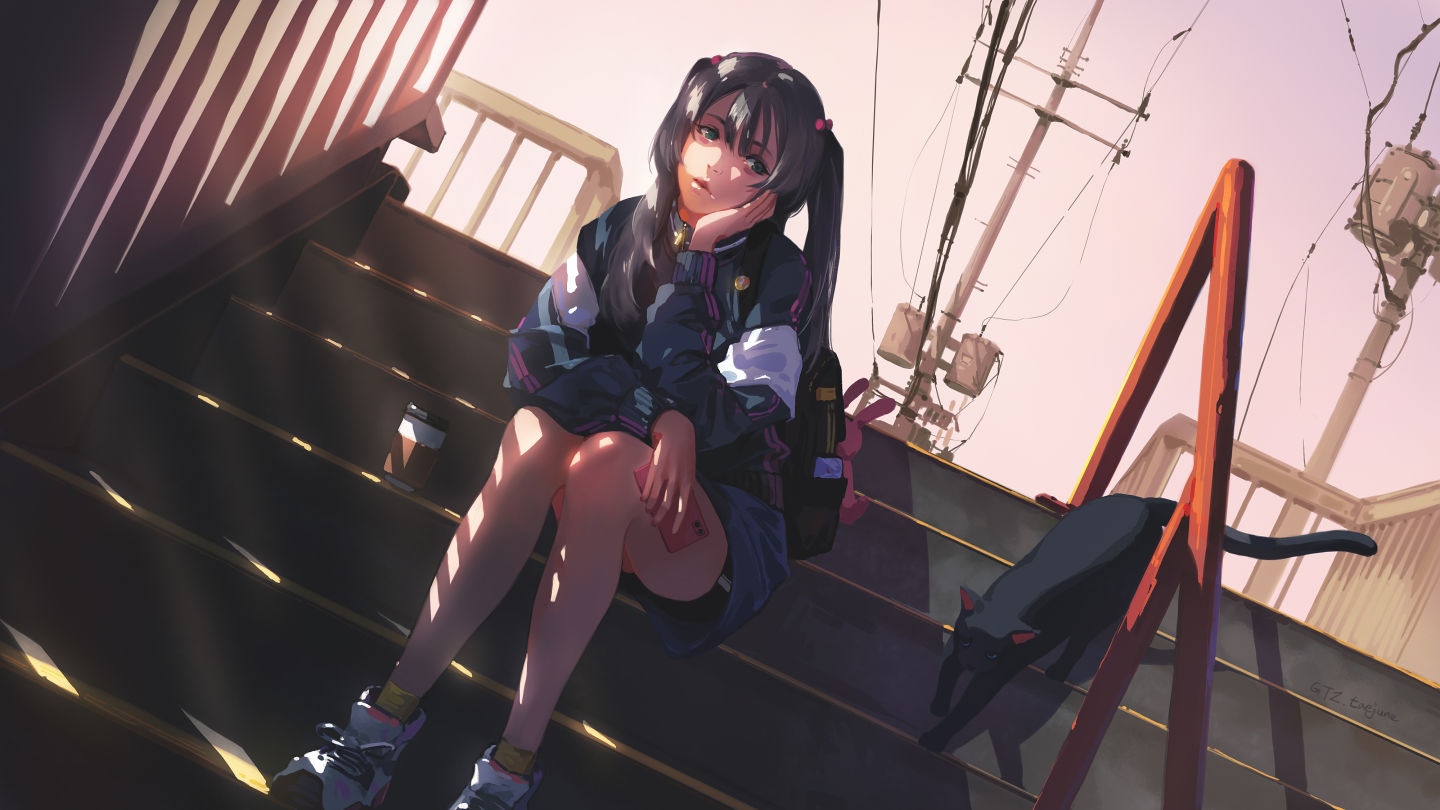 Anime girl sitting on stairs with a black cat HD Wallpaper