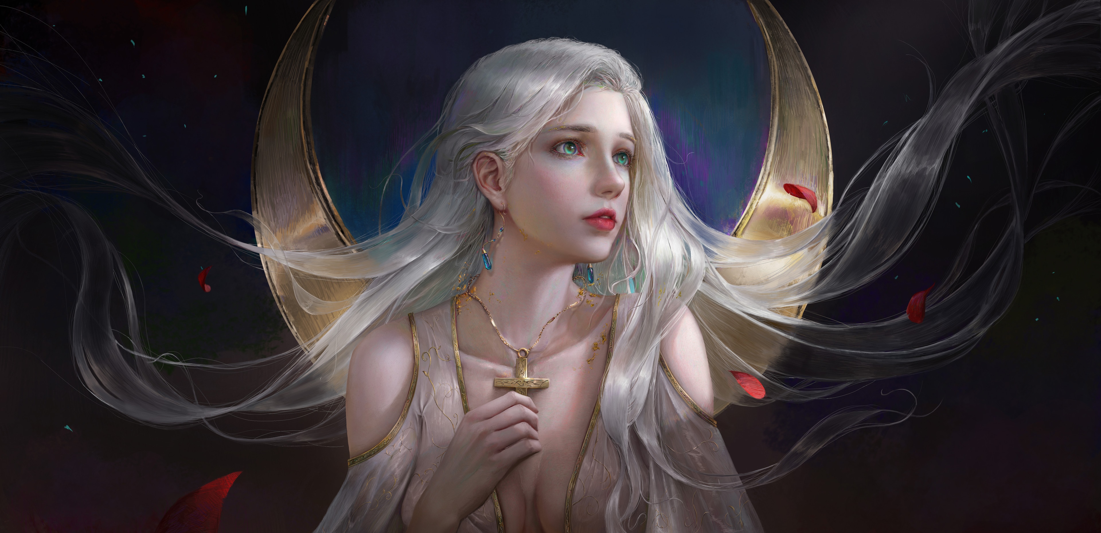 Fantasy girl with silver hair and moon HD Wallpaper