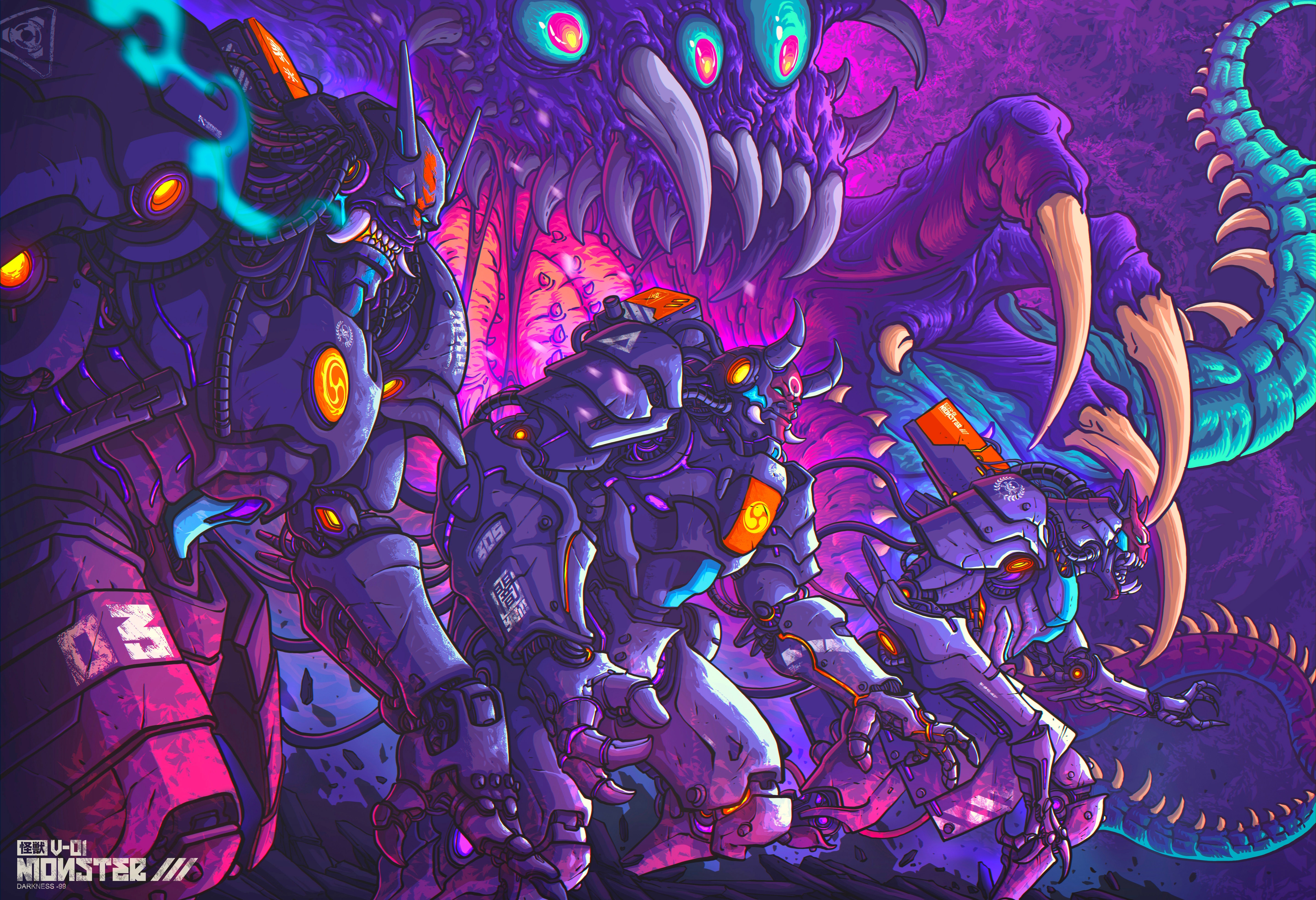 4K Cyberpunk Robots Battle Monster HD Wallpaper