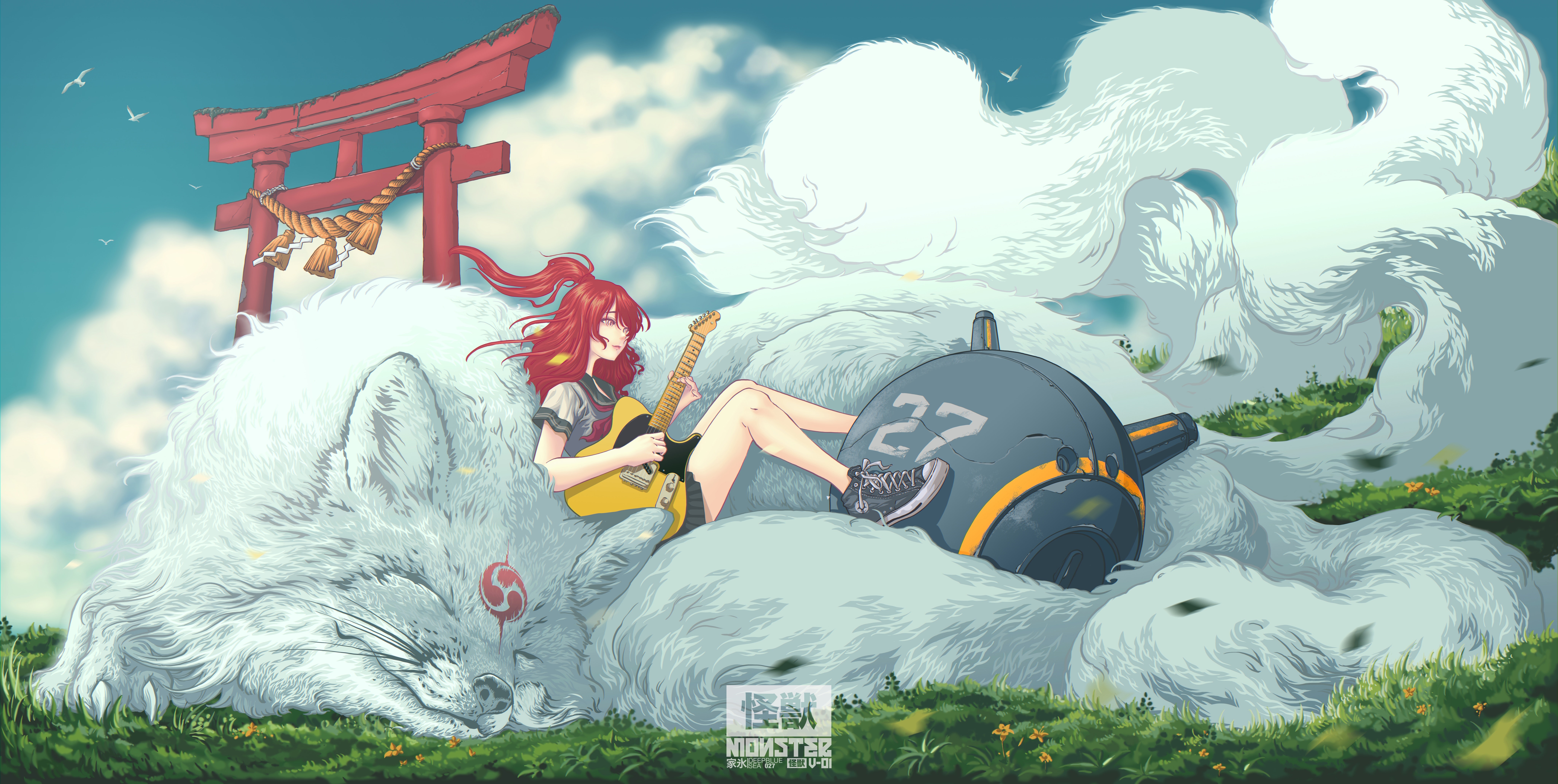 4K Girl Playing Guitar on Giant Fox with Robot HD Wallpaper