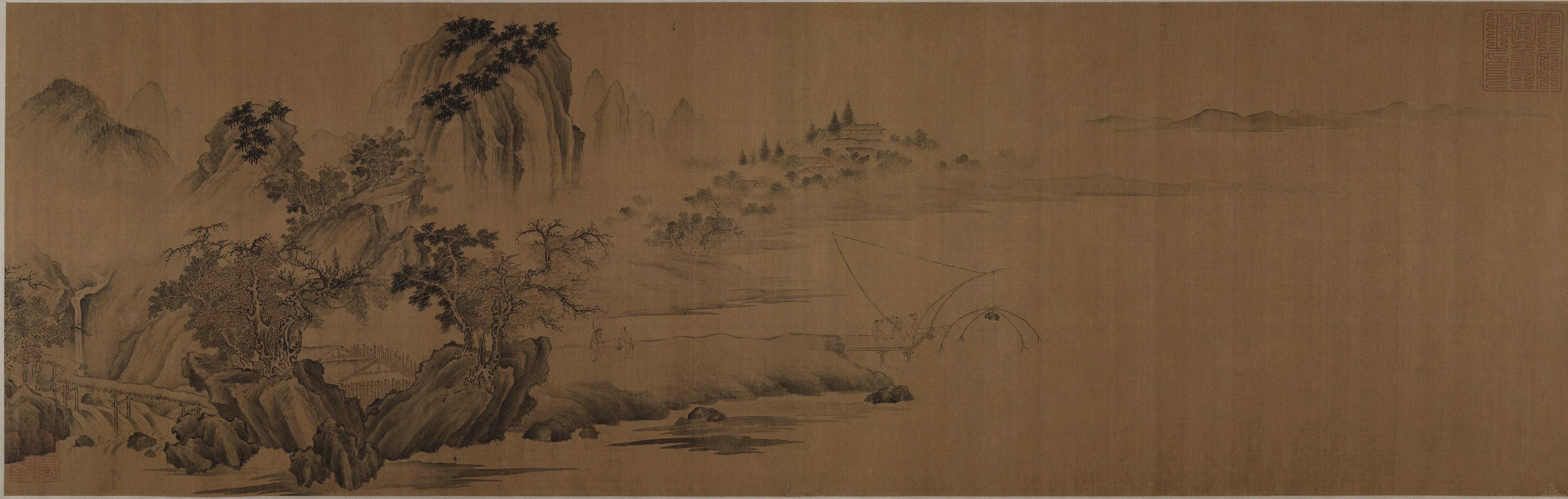 Chinese painting of a landscape with mountains and a village HD Wallpaper