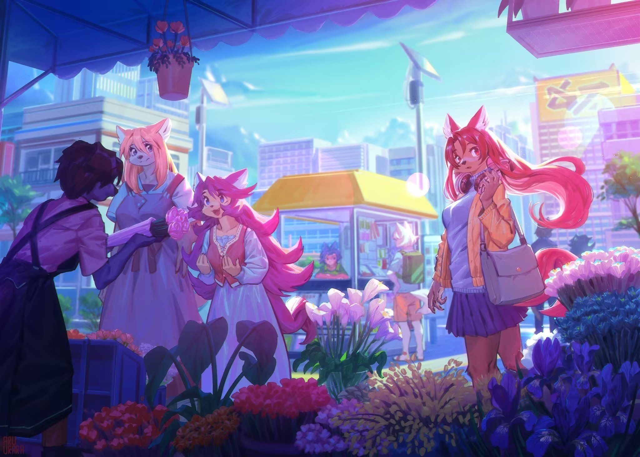 Anthro fox girls at a flower market HD Wallpaper