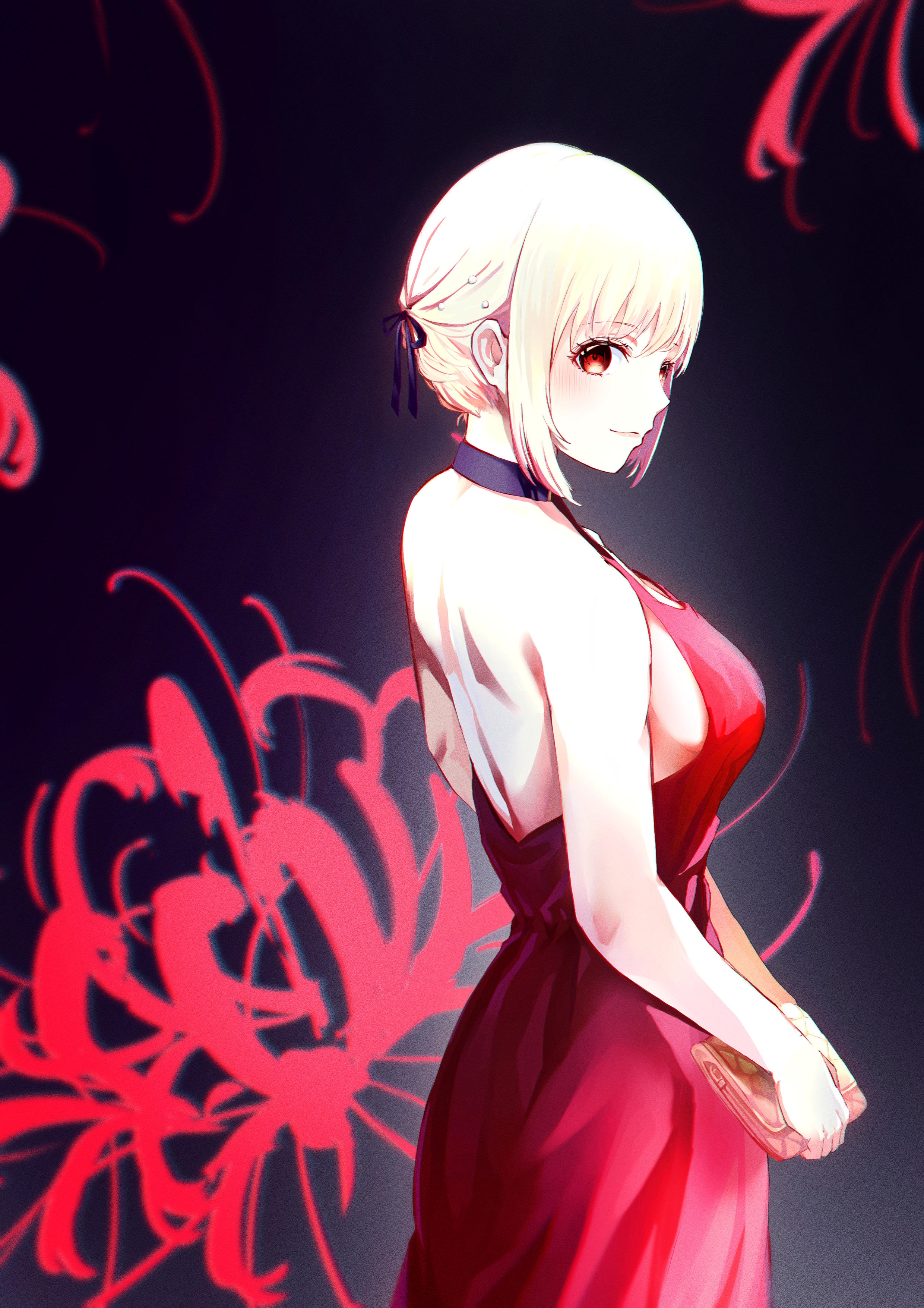 Nishikigi Chisato in a red dress, Lycoris Recoil fan art HD Phone Wallpaper