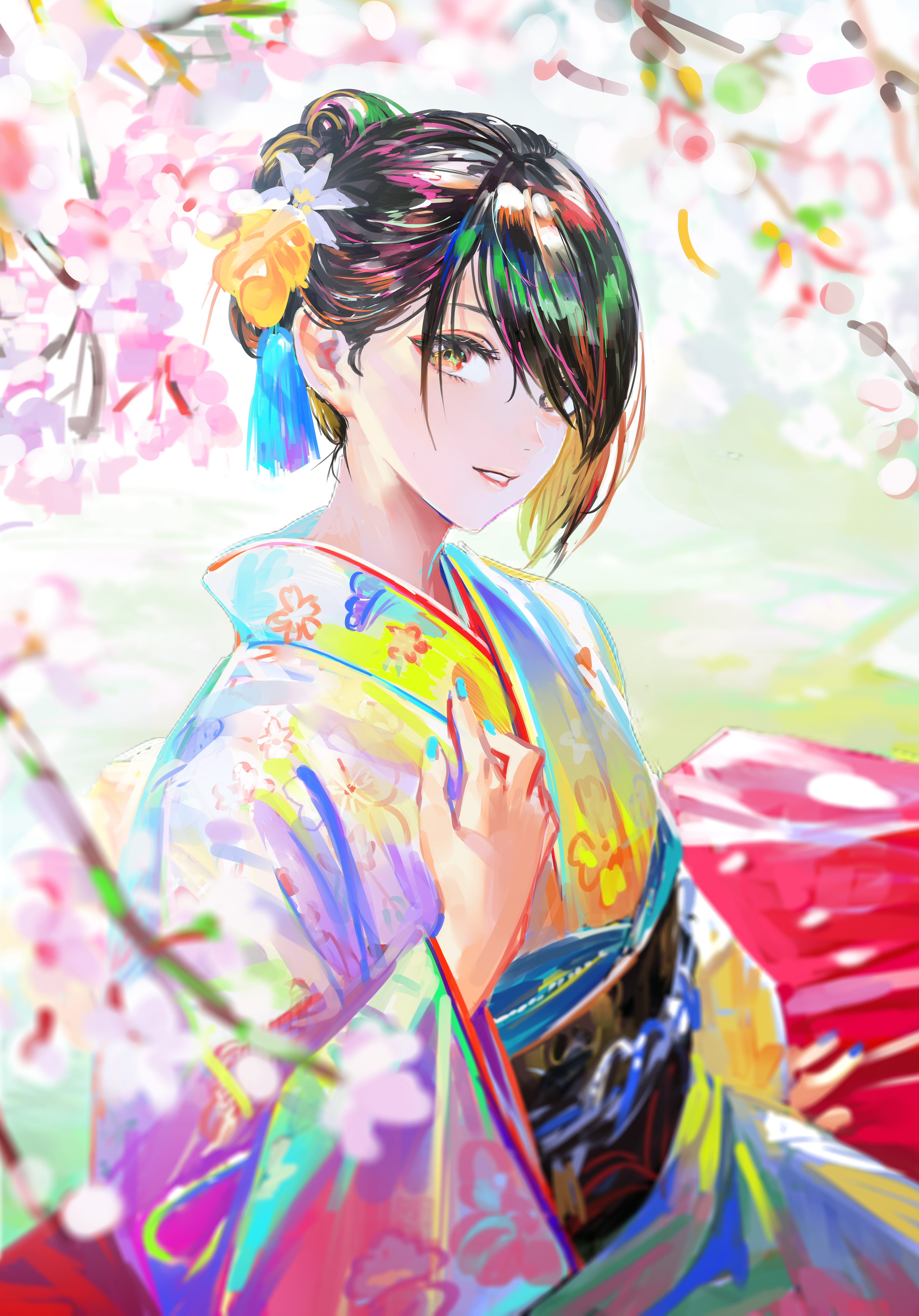 4K anime girl in colorful kimono with cherry blossoms HD Phone Wallpaper