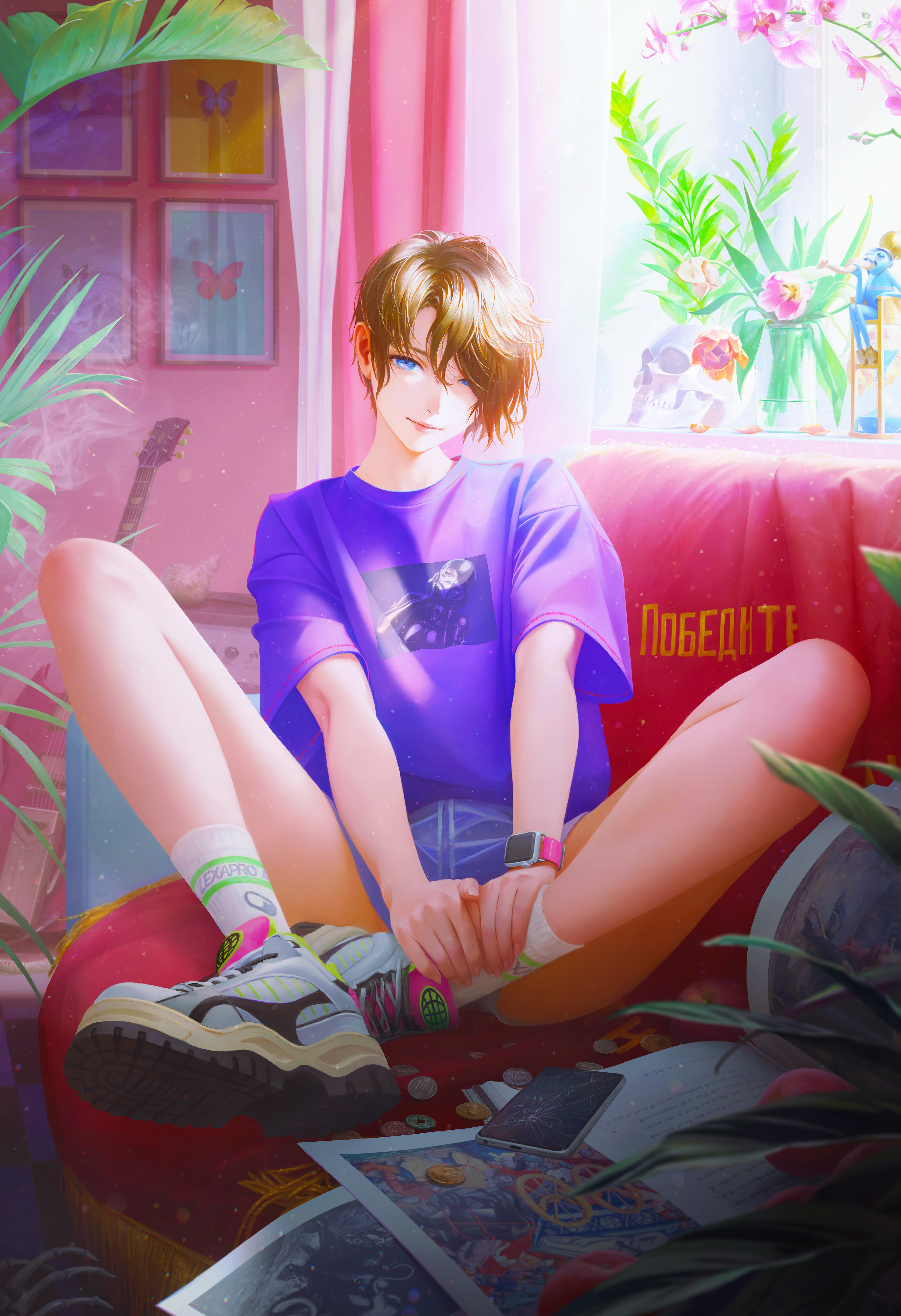 4K anime boy with blue eyes on a couch HD Phone Wallpaper