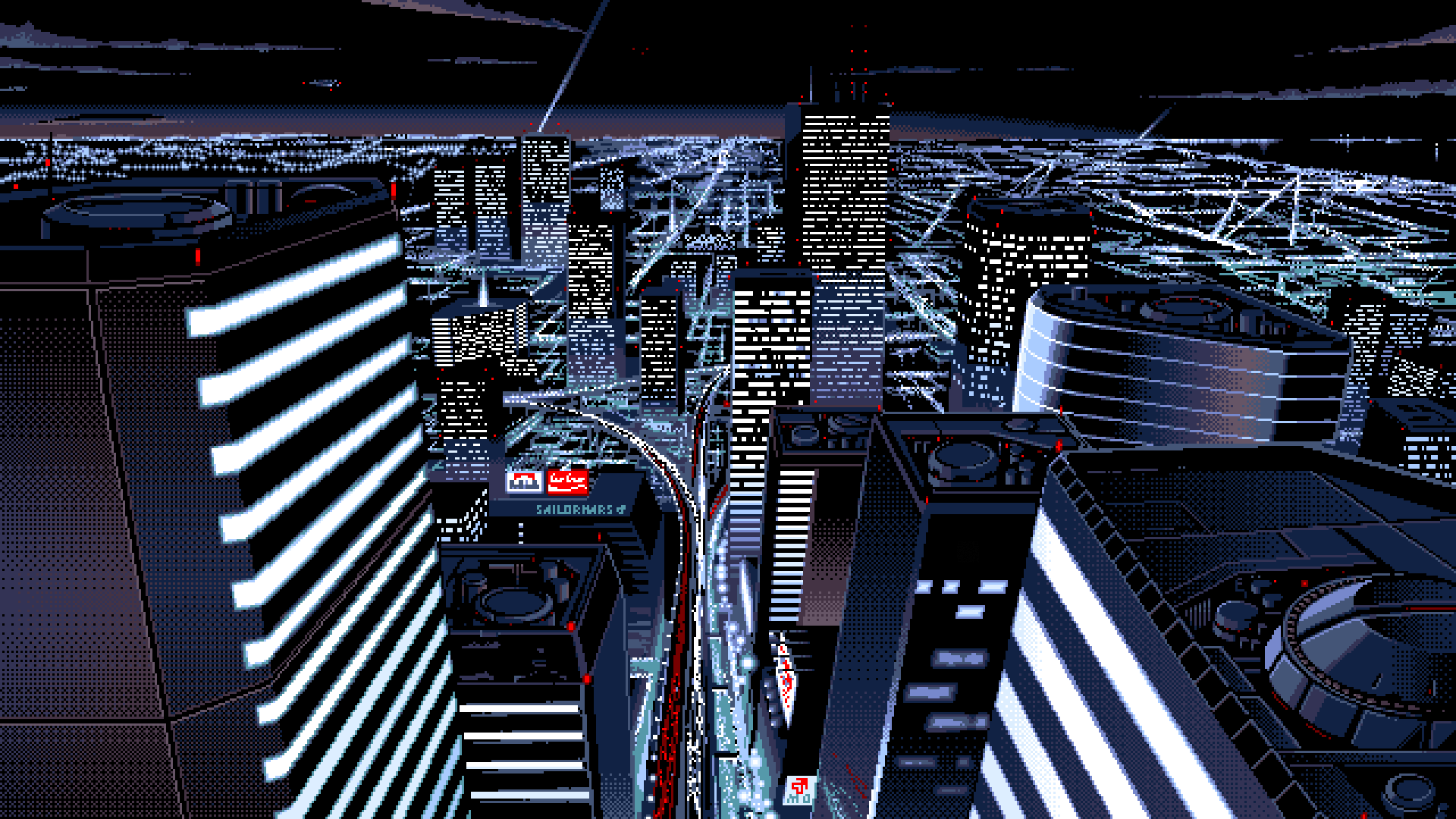 Pixel art cityscape with glowing skyscrapers at night HD Wallpaper