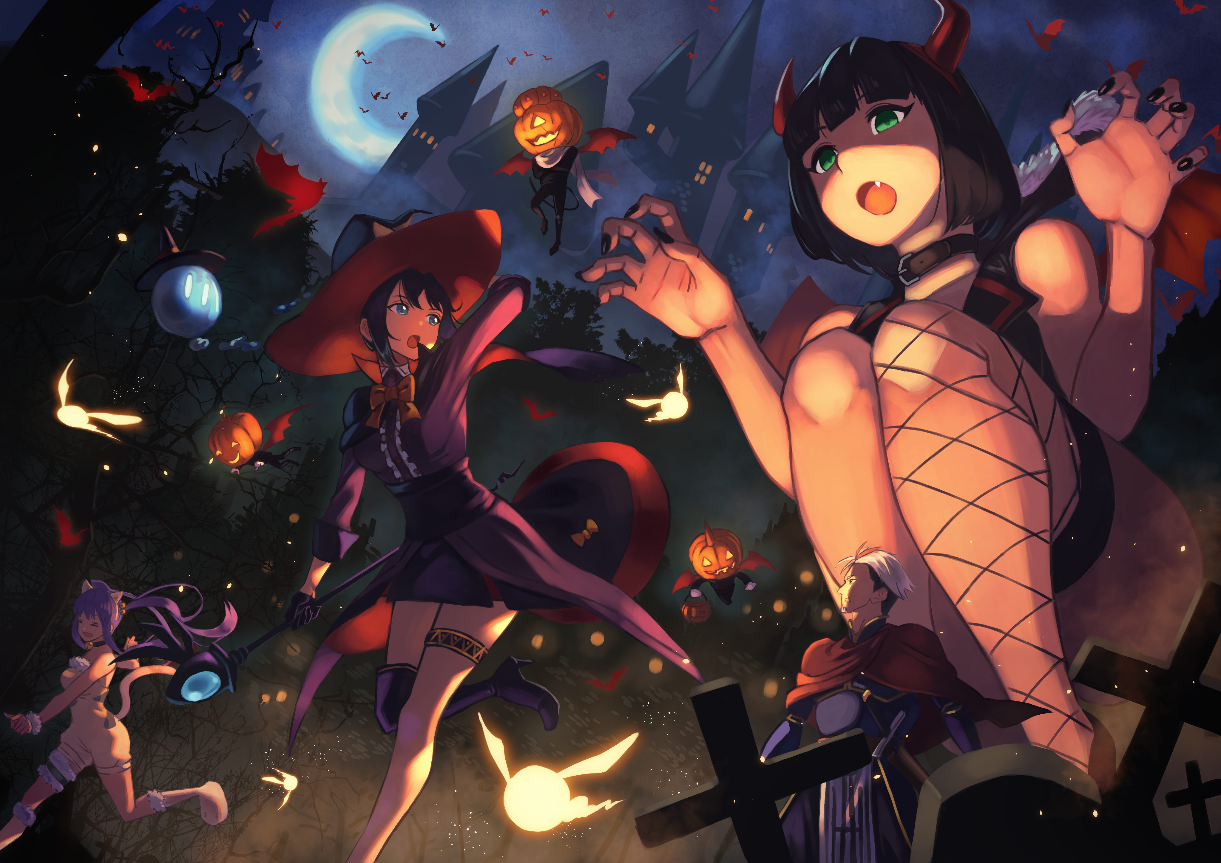 Halloween characters with pumpkins and bats HD Wallpaper