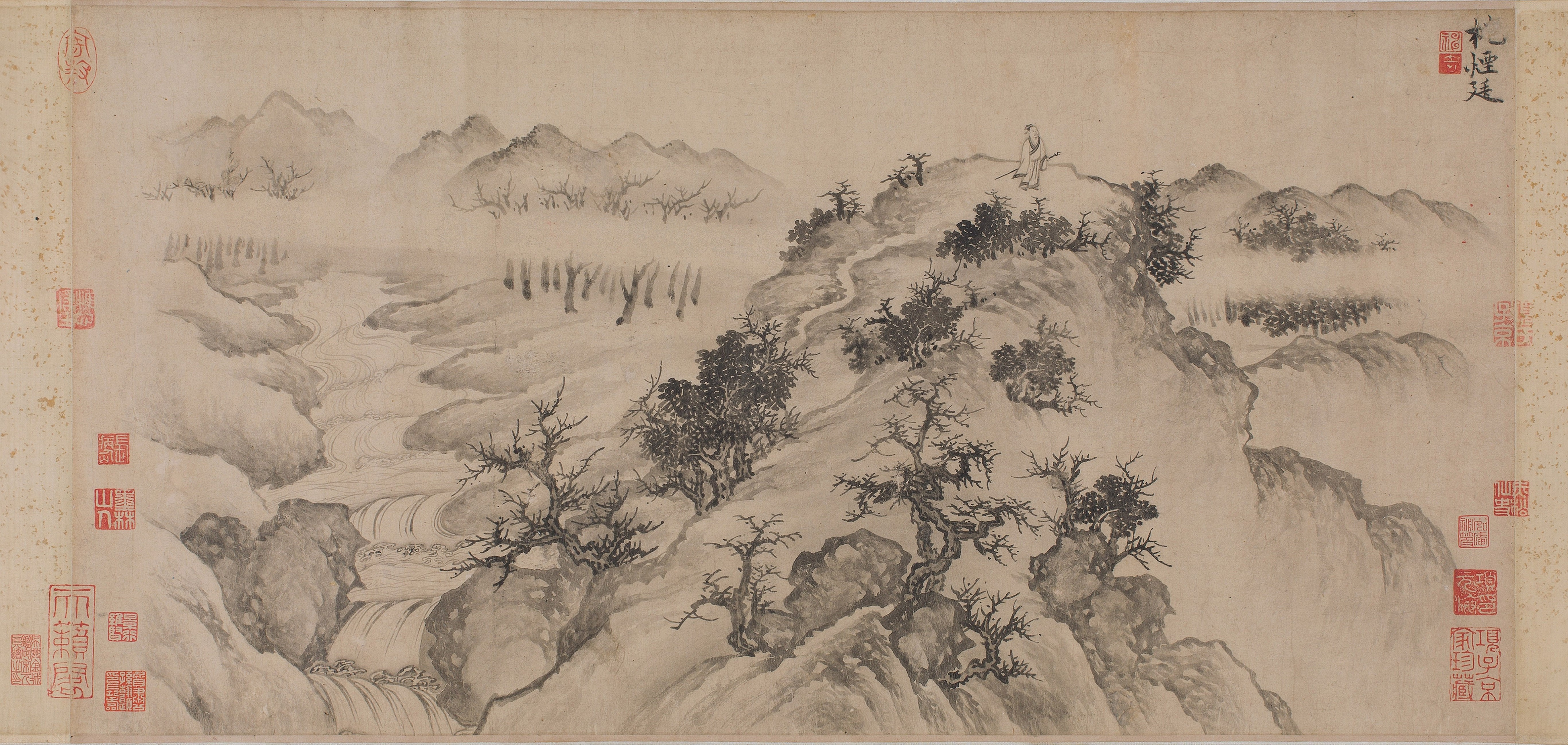 Chinese ink painting of a scholar in a mountain landscape HD Wallpaper