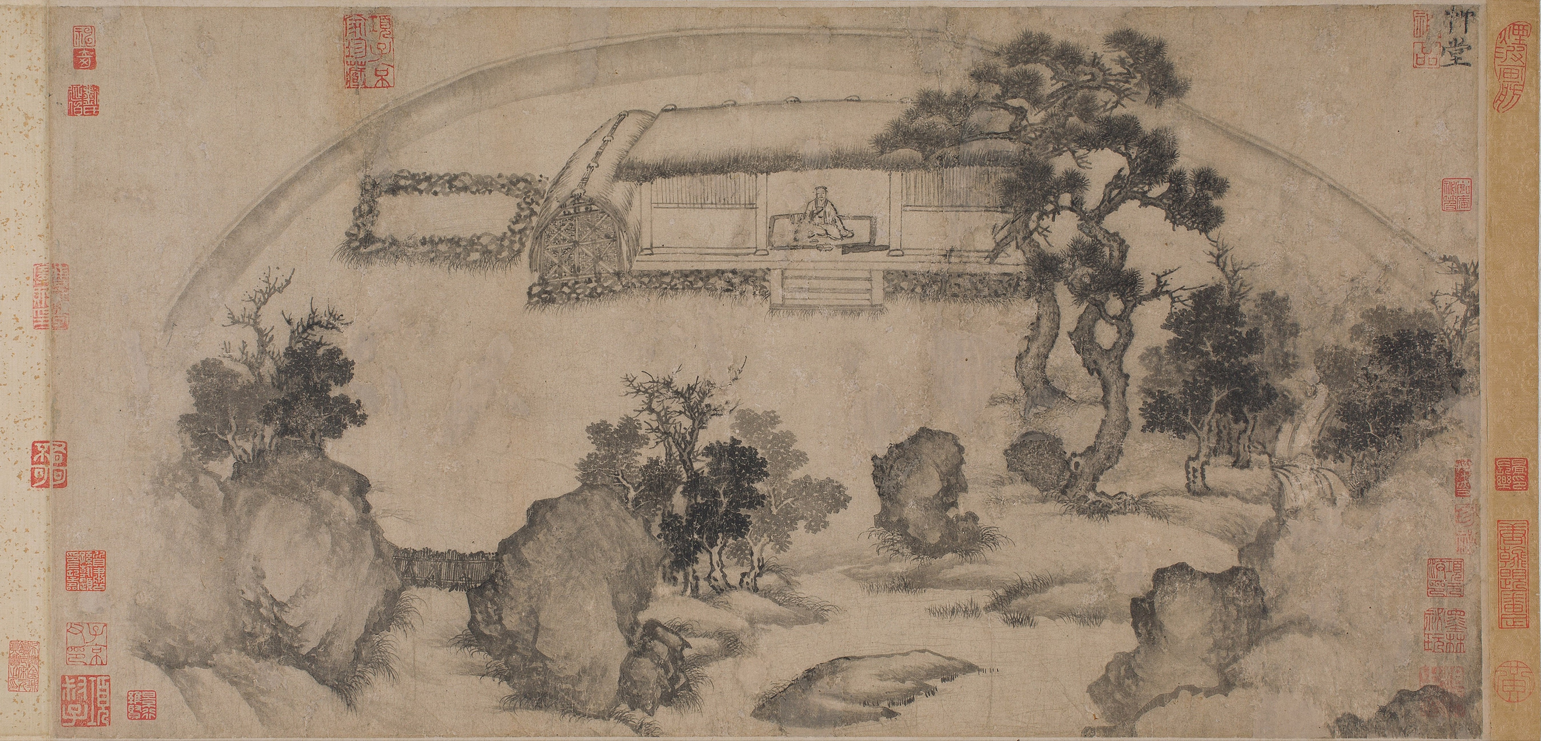 Chinese painting of a scholar in a thatched hut HD Wallpaper