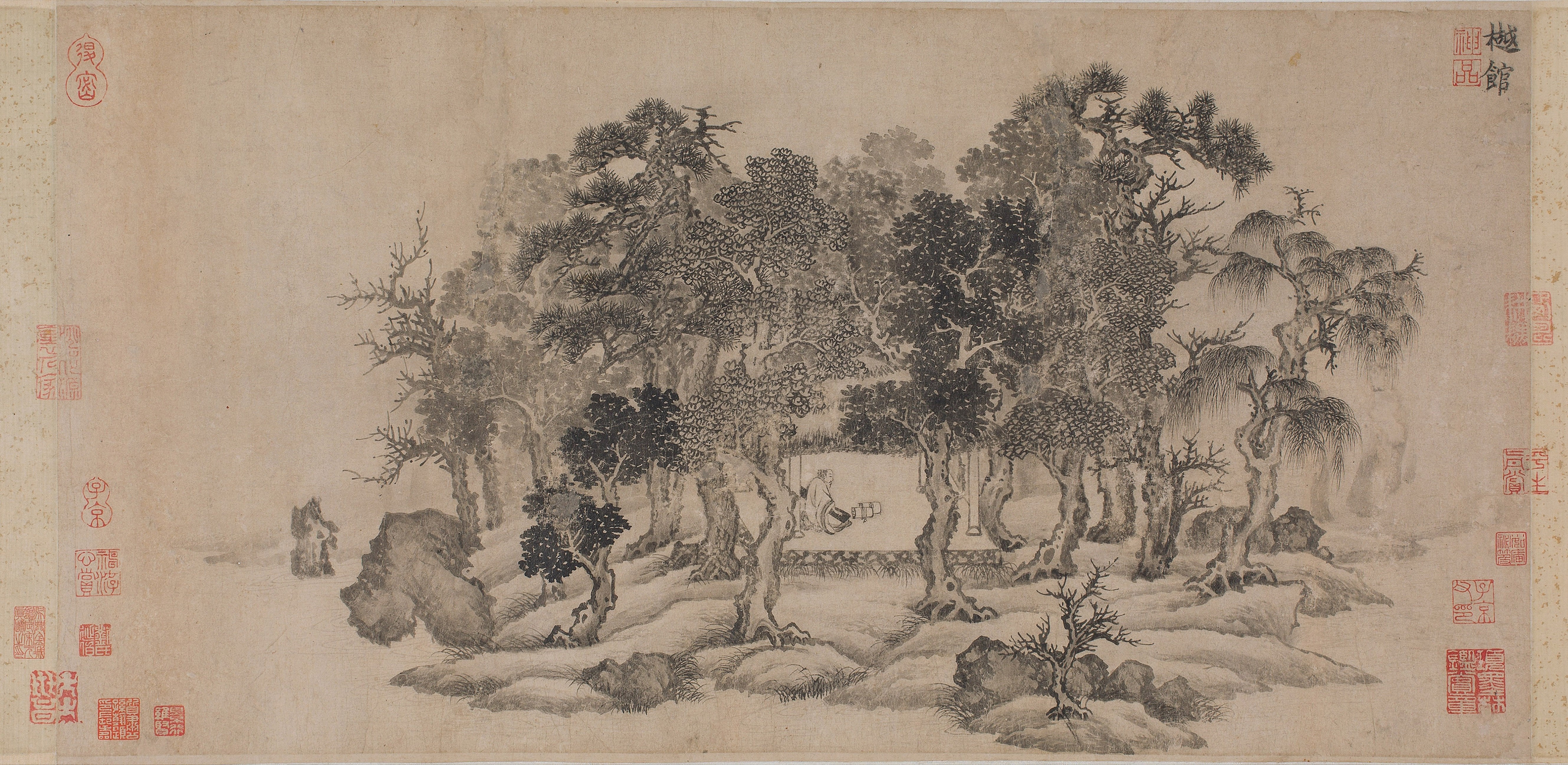 Chinese painting of a garden with figures HD Wallpaper