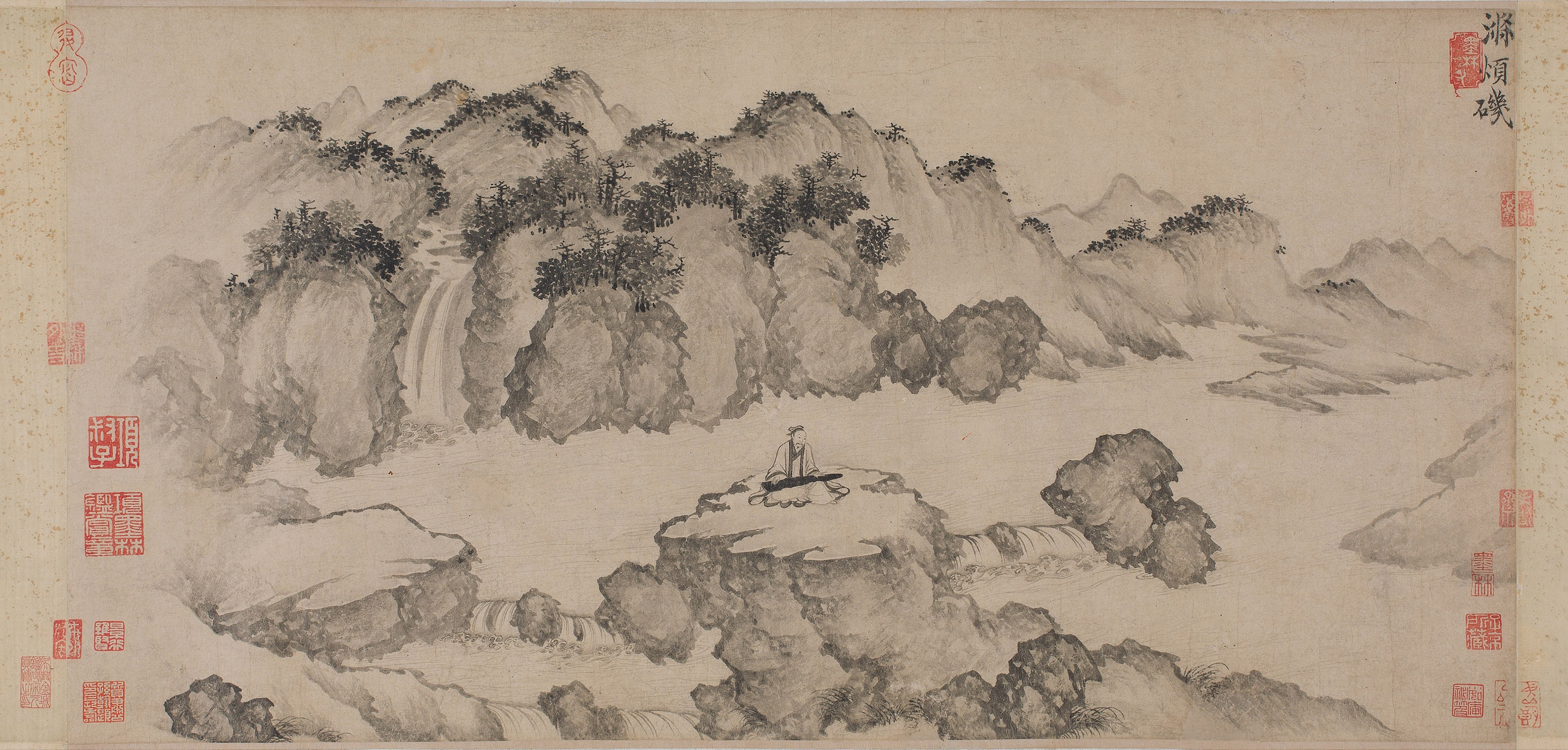 Chinese Landscape Painting with a Musician HD Wallpaper