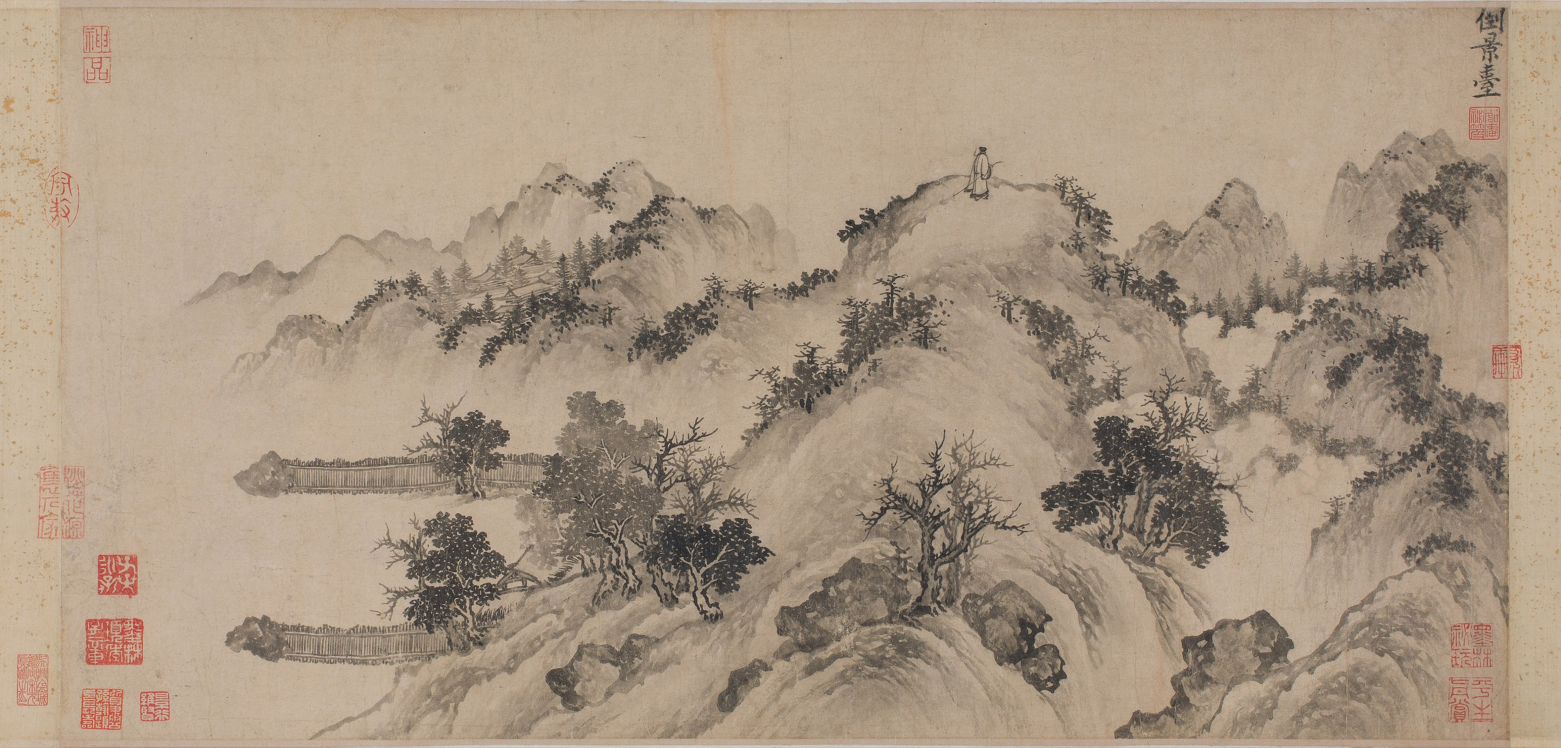 Chinese painting of a scholar in a mountain landscape HD Wallpaper