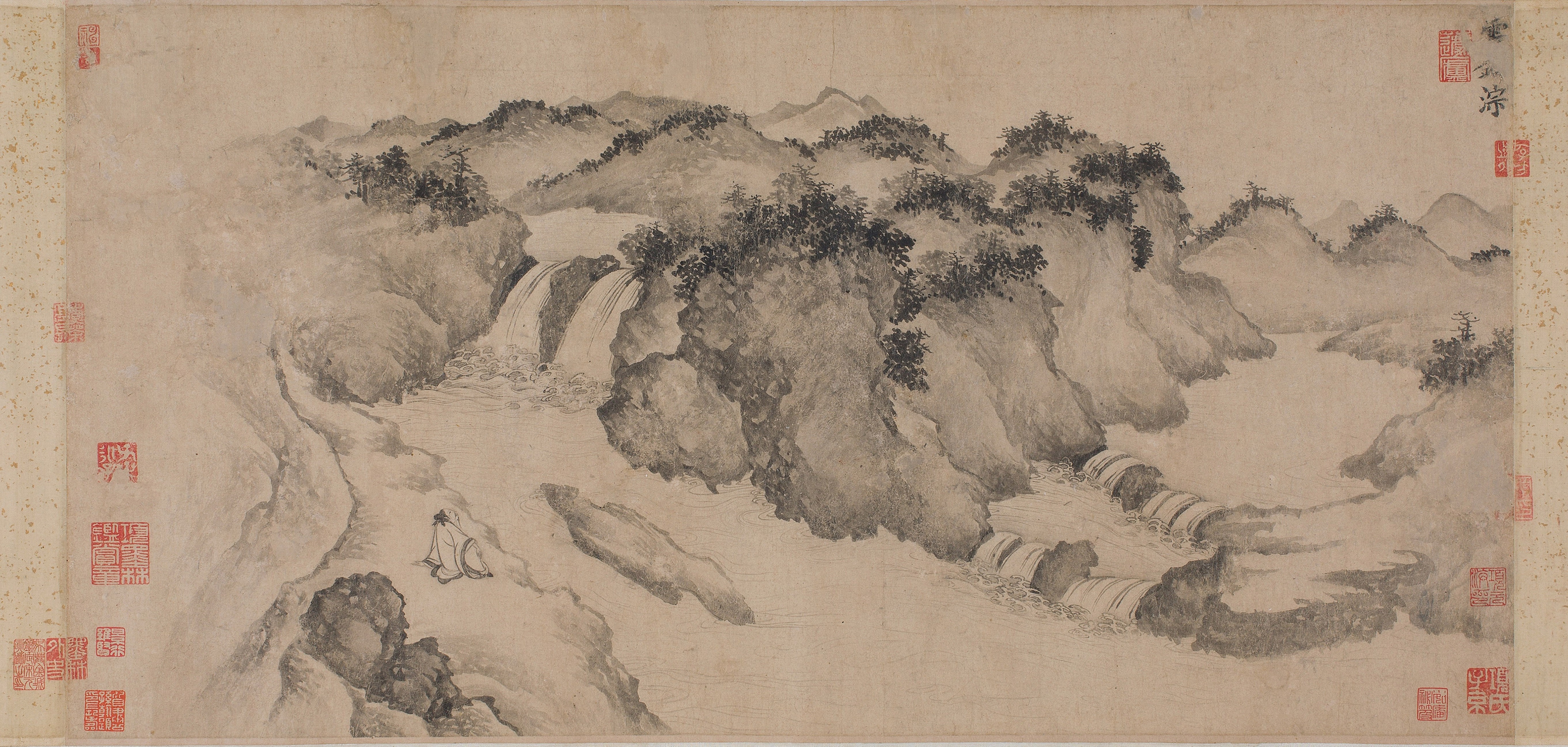 Chinese Landscape Painting with Waterfalls and a Figure HD Wallpaper