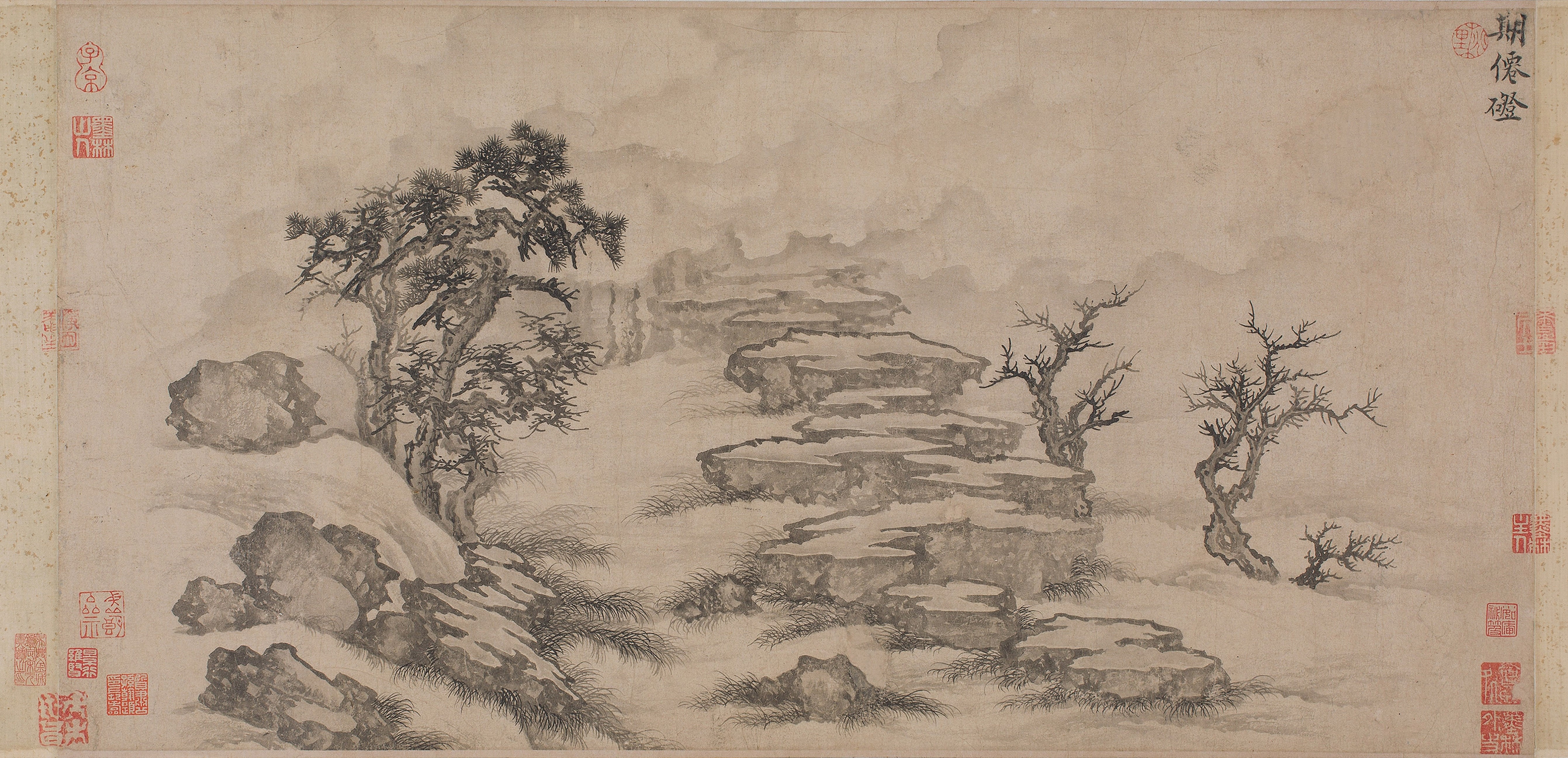 Chinese ink painting of a rocky landscape with trees HD Wallpaper