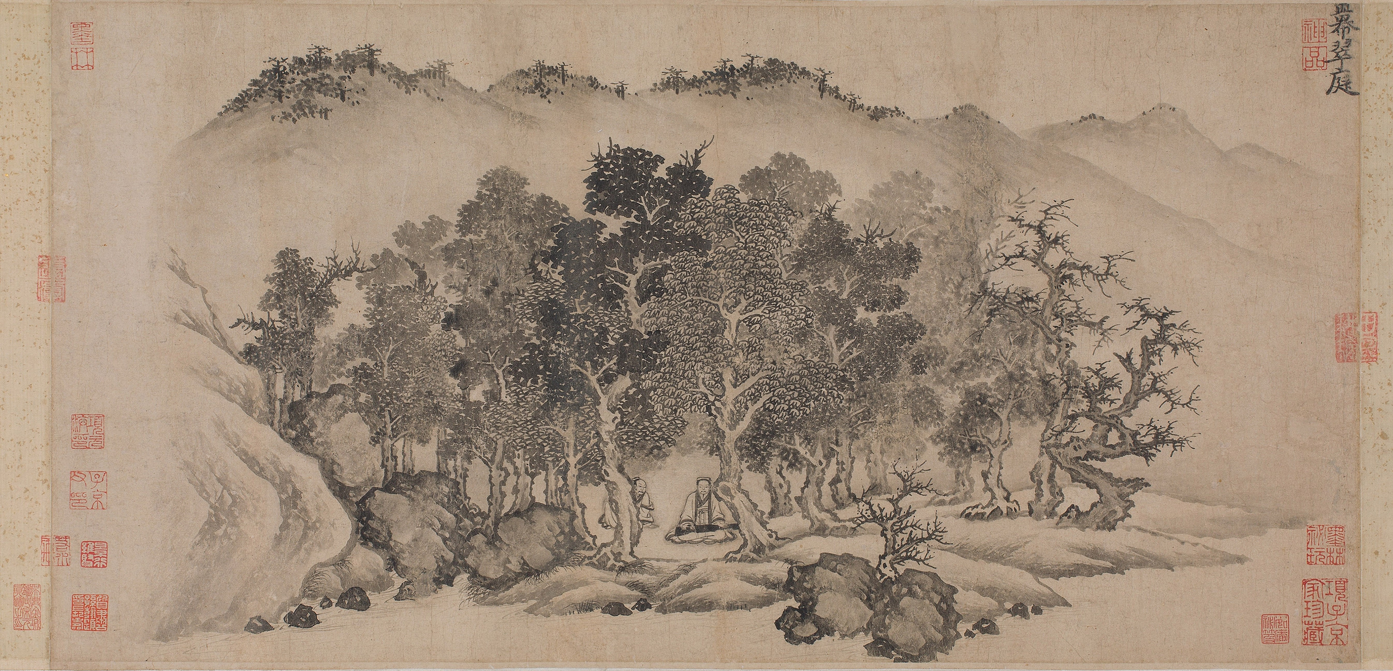 Chinese ink painting of a mountain landscape with trees HD Wallpaper