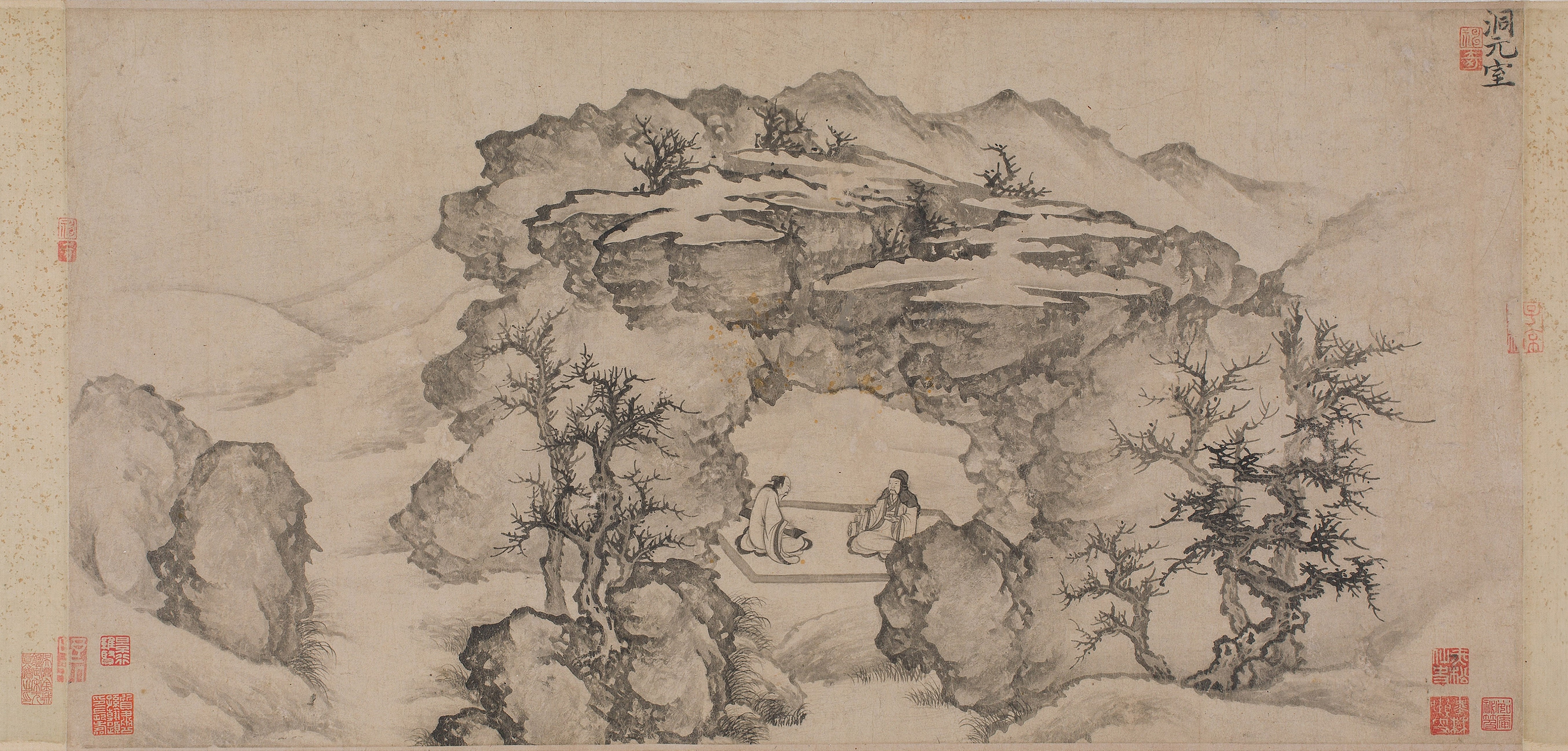 Chinese painting of two scholars in a rocky landscape HD Wallpaper