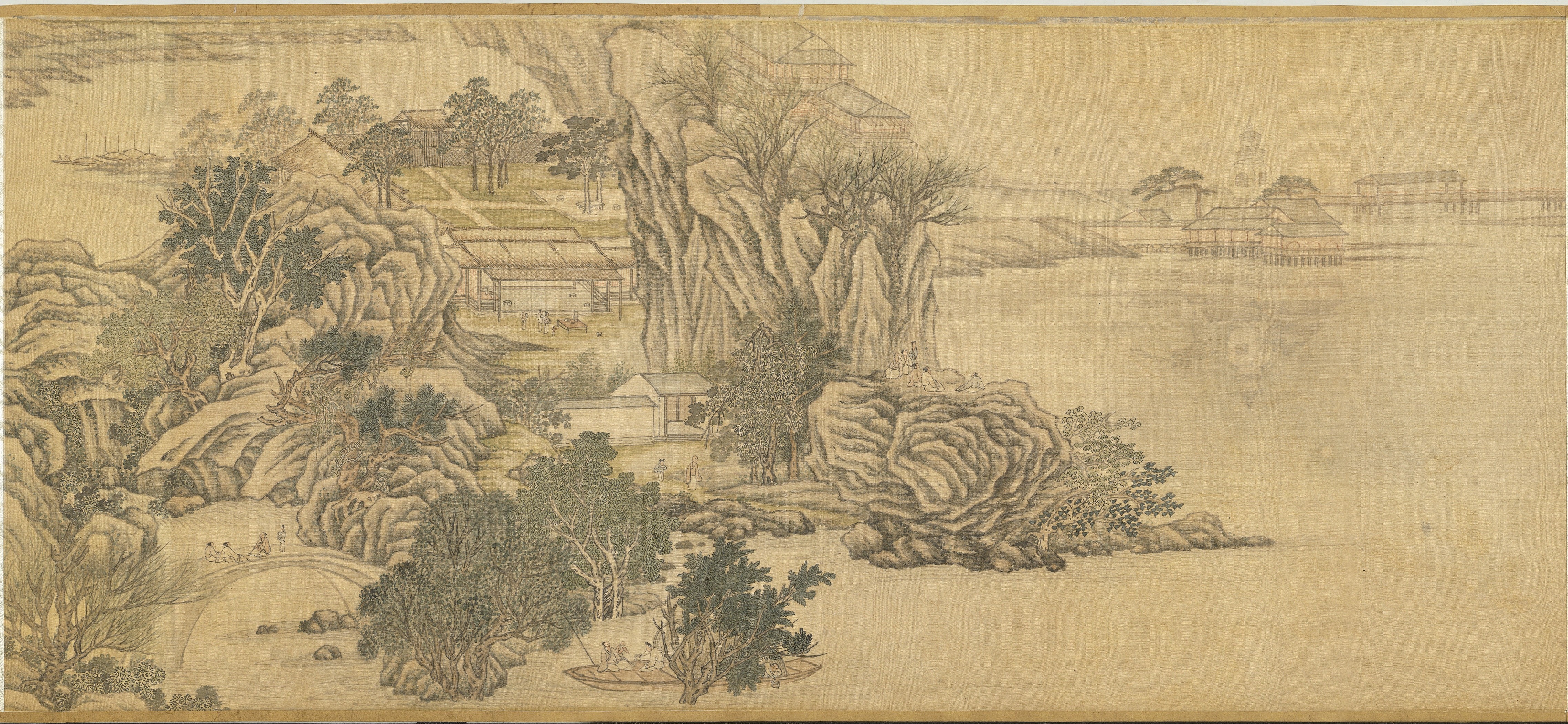 Chinese painting of a landscape with buildings and boats HD Wallpaper