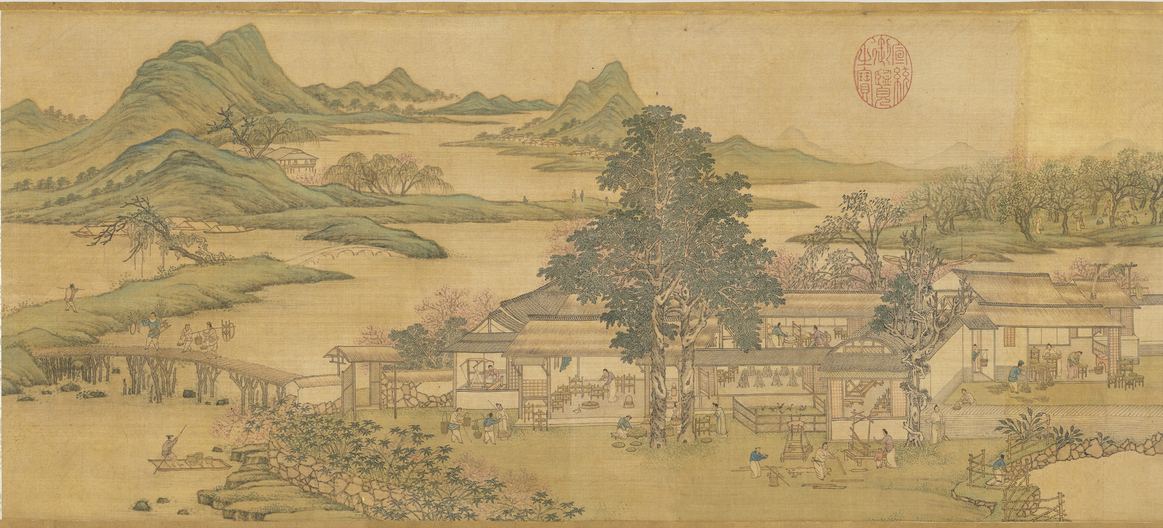 Chinese painting of a landscape with a village HD Wallpaper