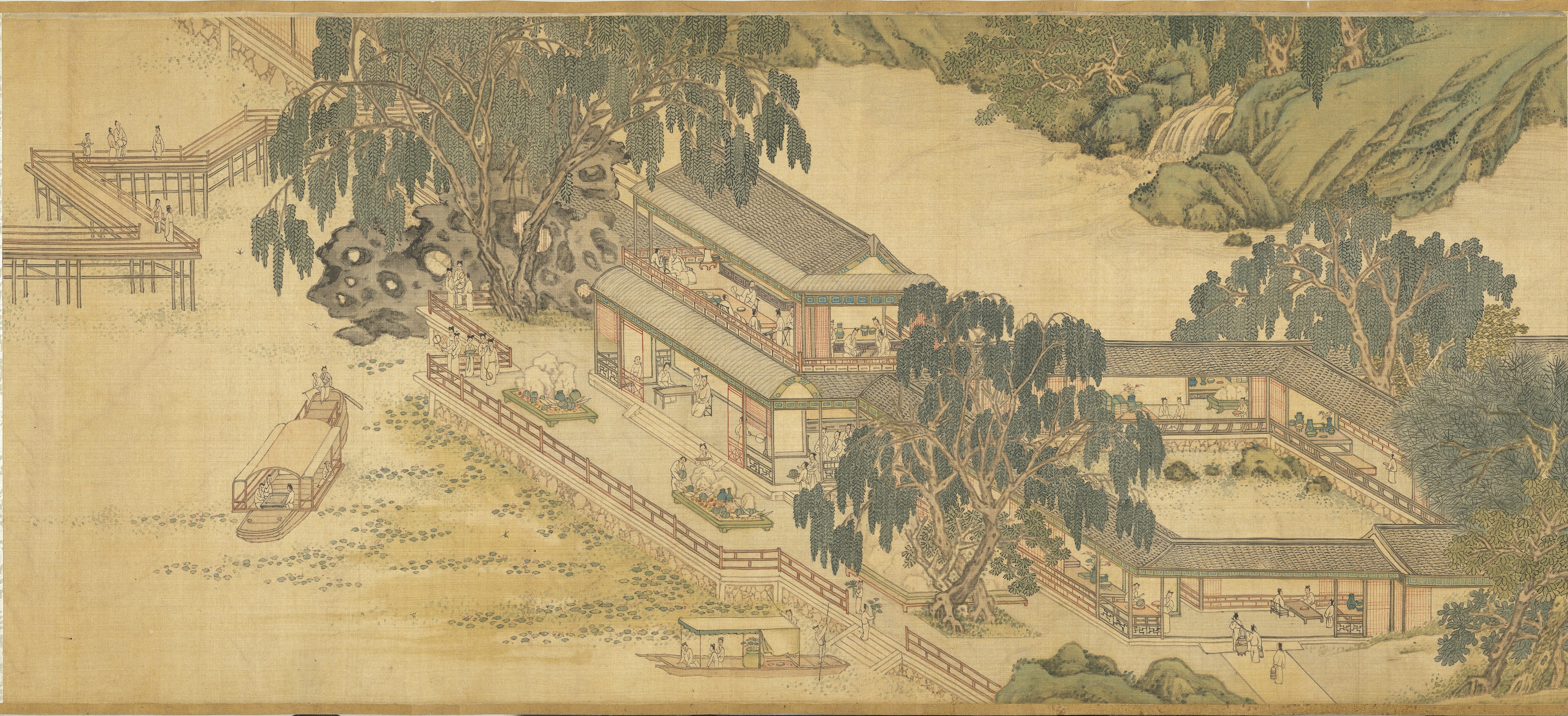 Chinese painting of a riverside estate with a waterfall HD Wallpaper