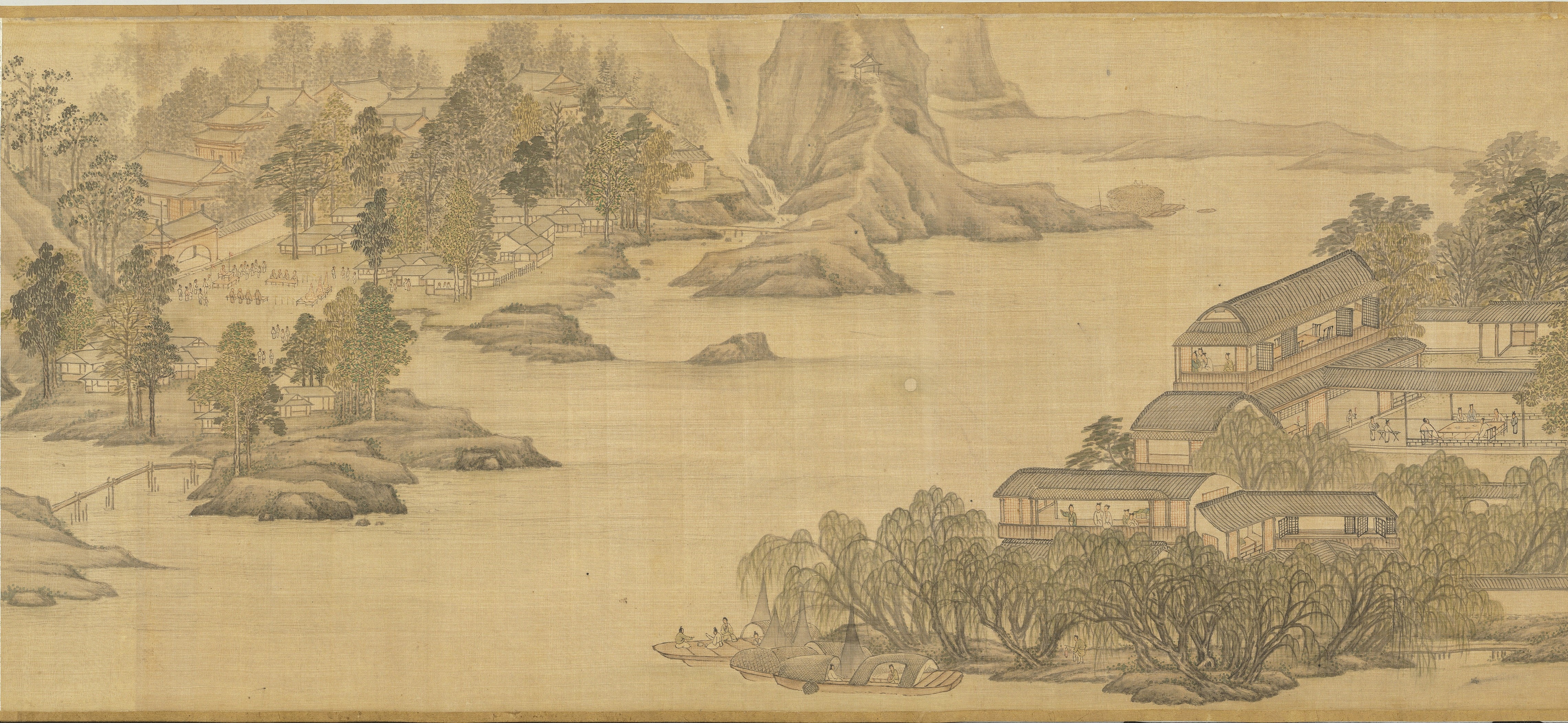Chinese painting of a landscape with buildings and boats HD Wallpaper