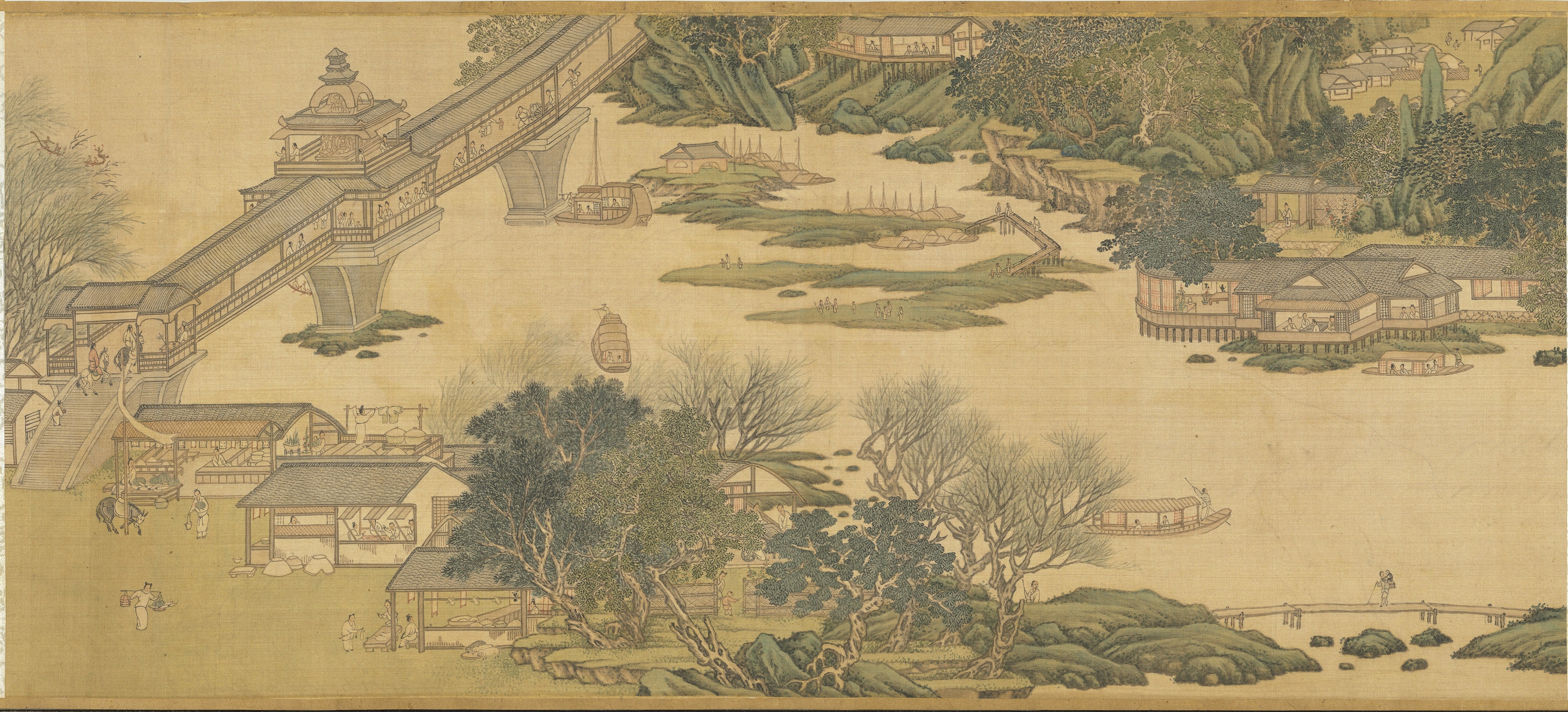 Chinese painting of a covered bridge and riverside village HD Wallpaper