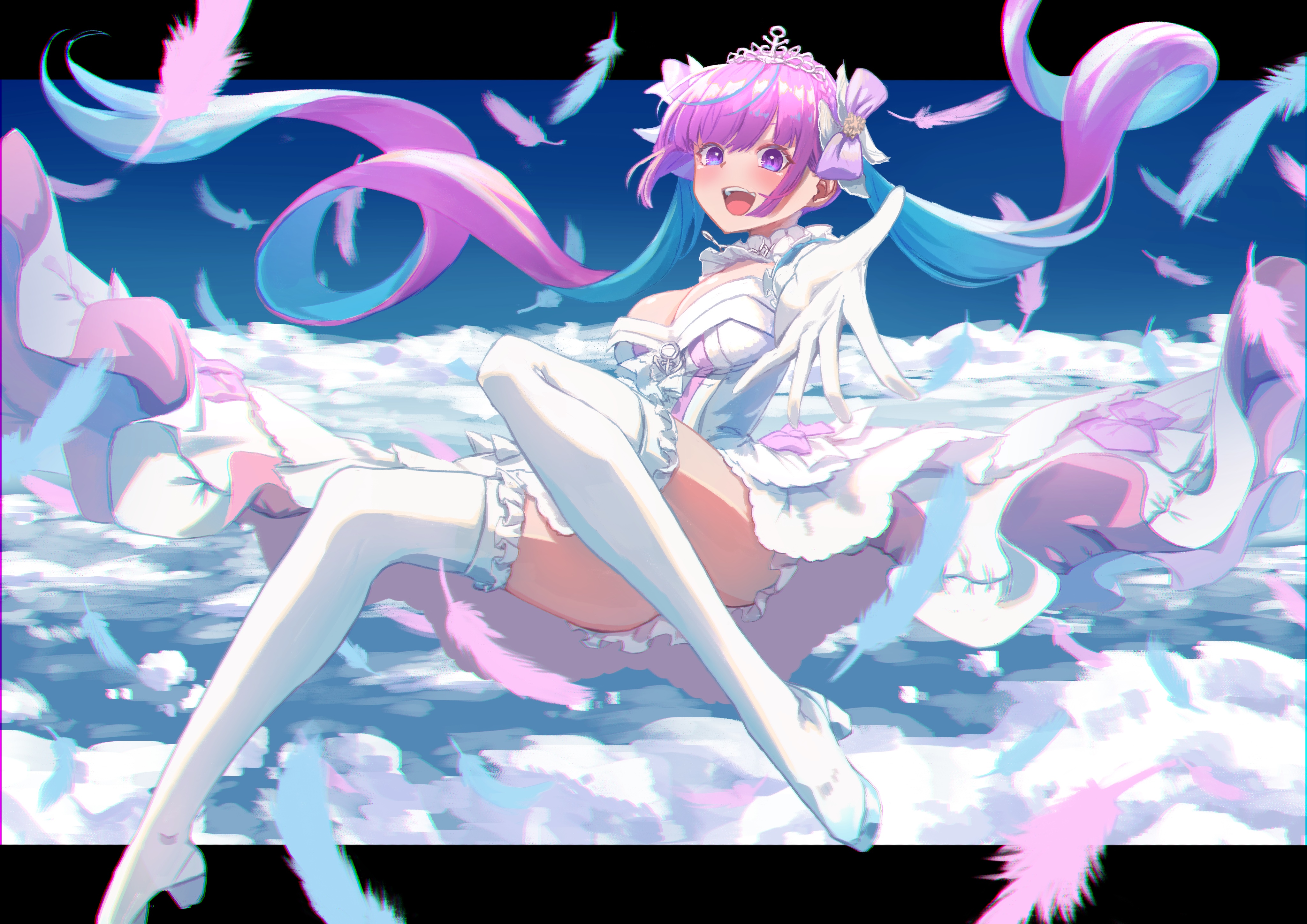 Minato Aqua in a white dress with feathers and clouds HD Wallpaper