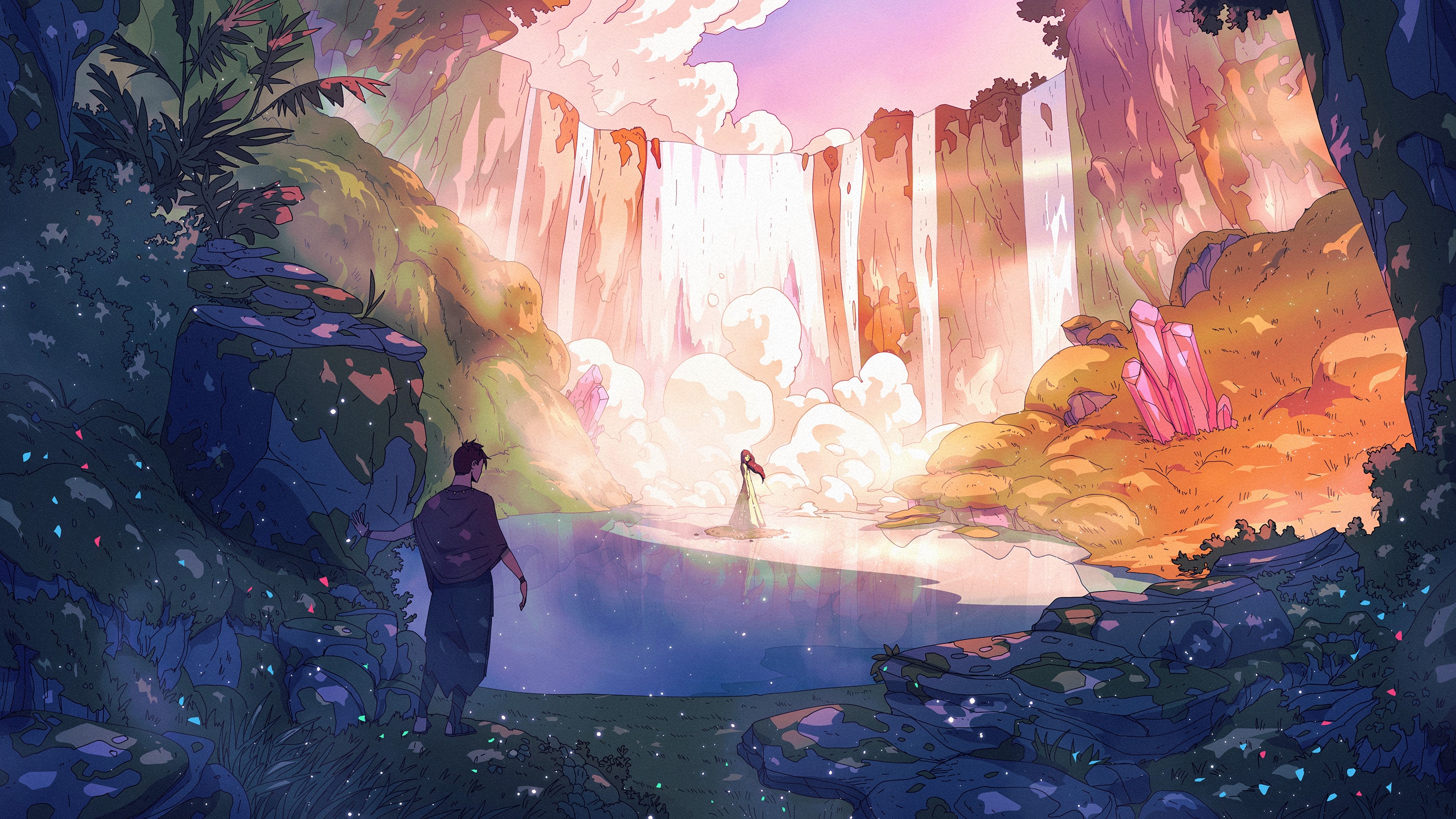 Fantasy landscape with waterfalls and crystals HD Wallpaper