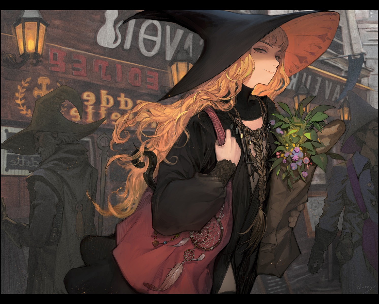 Blonde witch with a hat and flowers HD Wallpaper