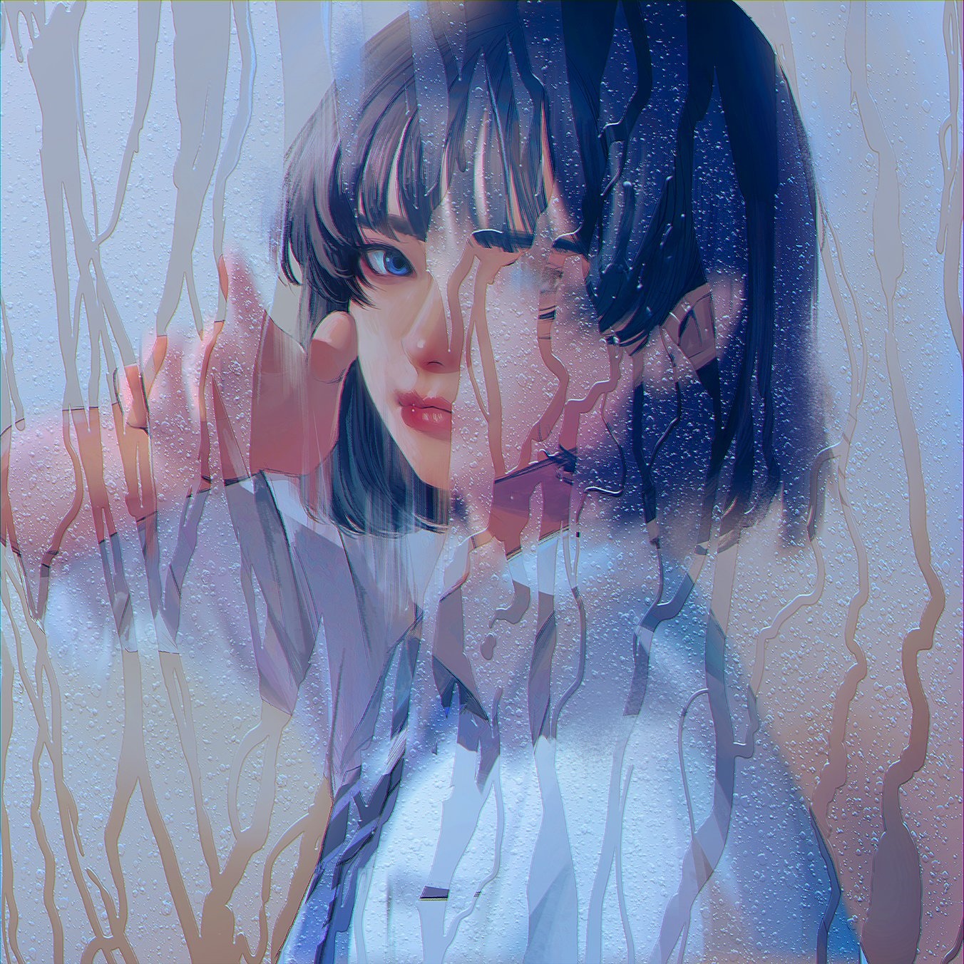 Artwork of a girl behind a foggy window HD Wallpaper