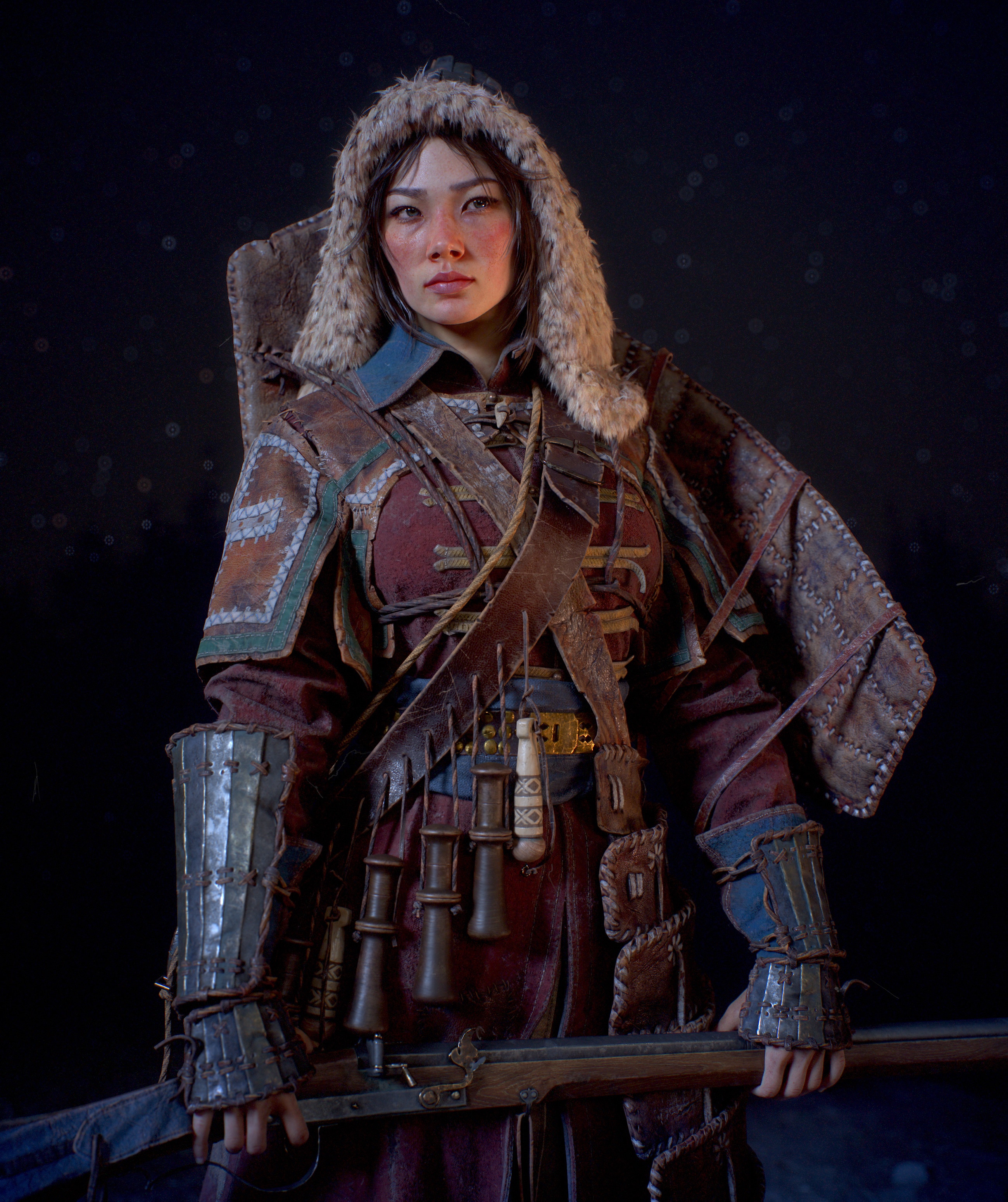 Asian woman in fur-lined hood holding a rifle HD Phone Wallpaper