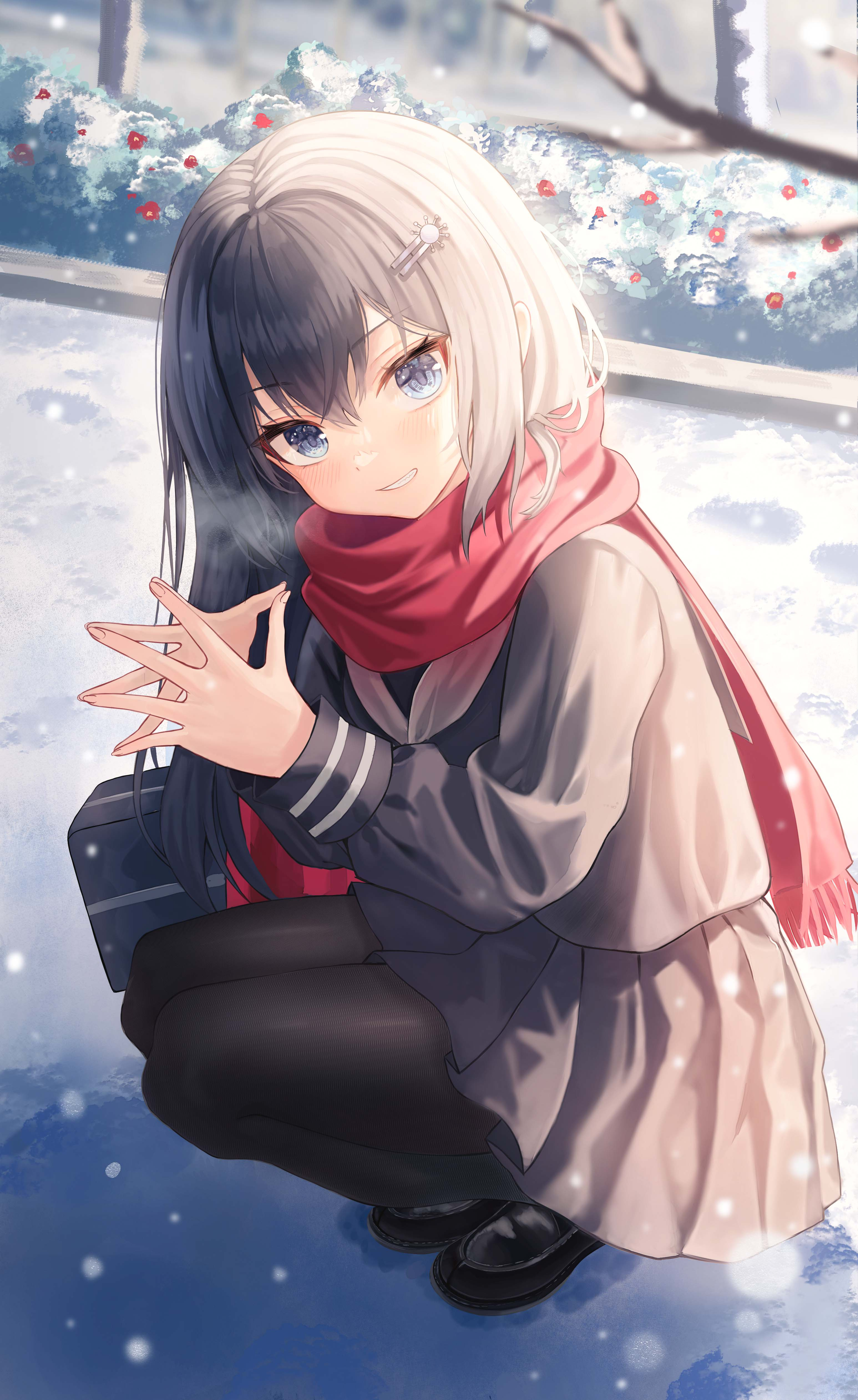 Schoolgirl in uniform with red scarf in snow HD Phone Wallpaper