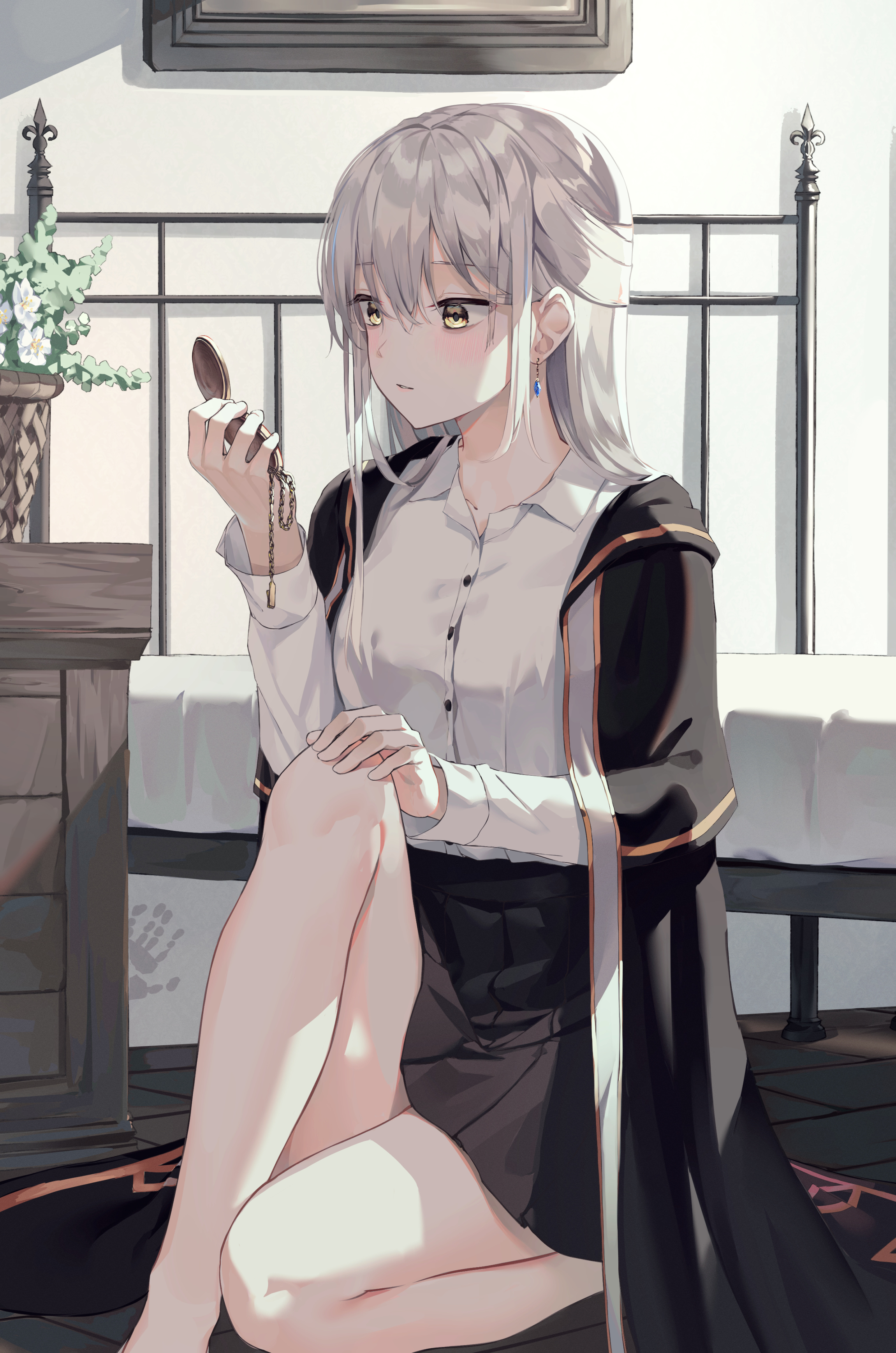 Girl with silver hair holding a pocket watch HD Phone Wallpaper