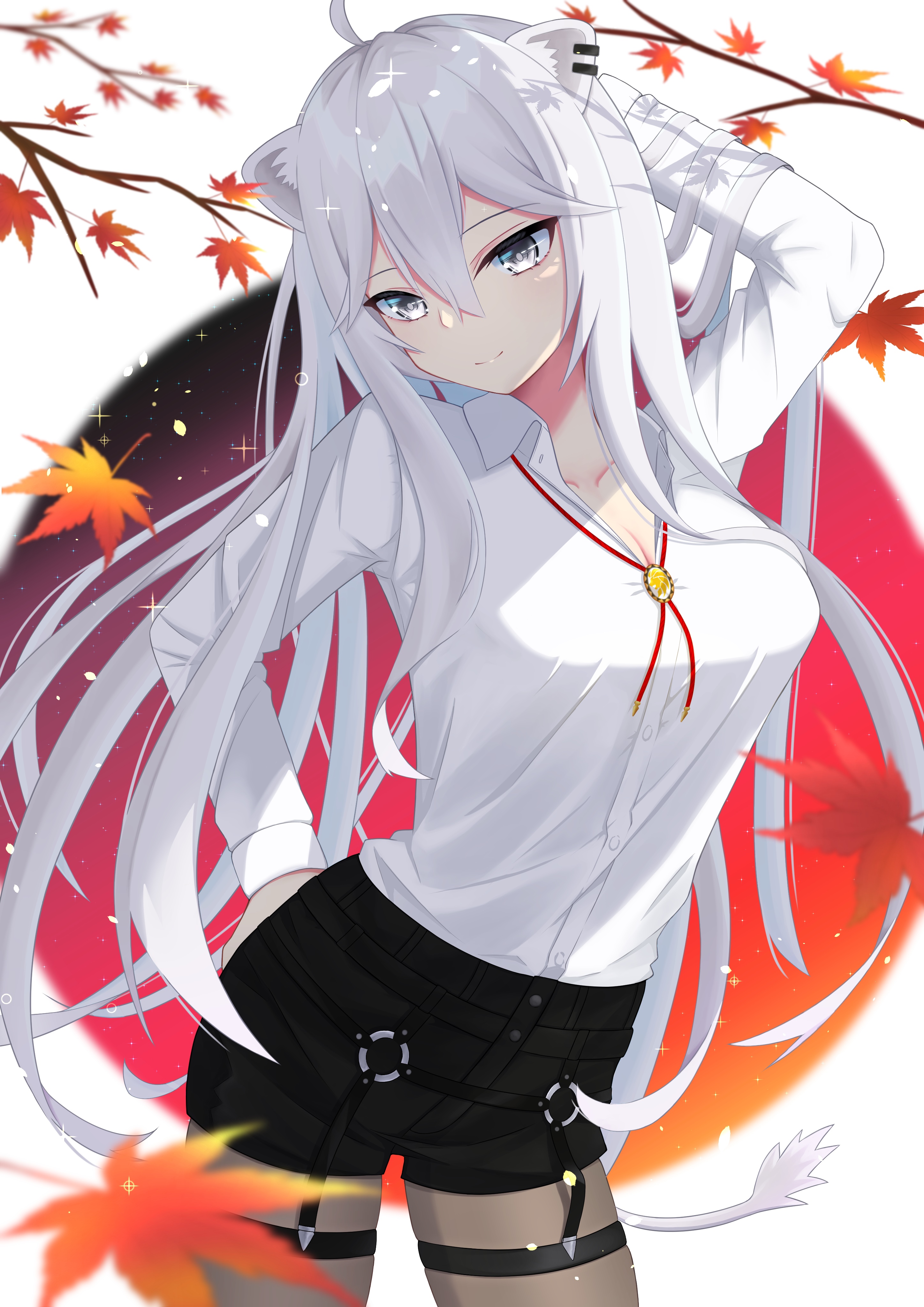 White-haired anime girl in white shirt and shorts HD Phone Wallpaper